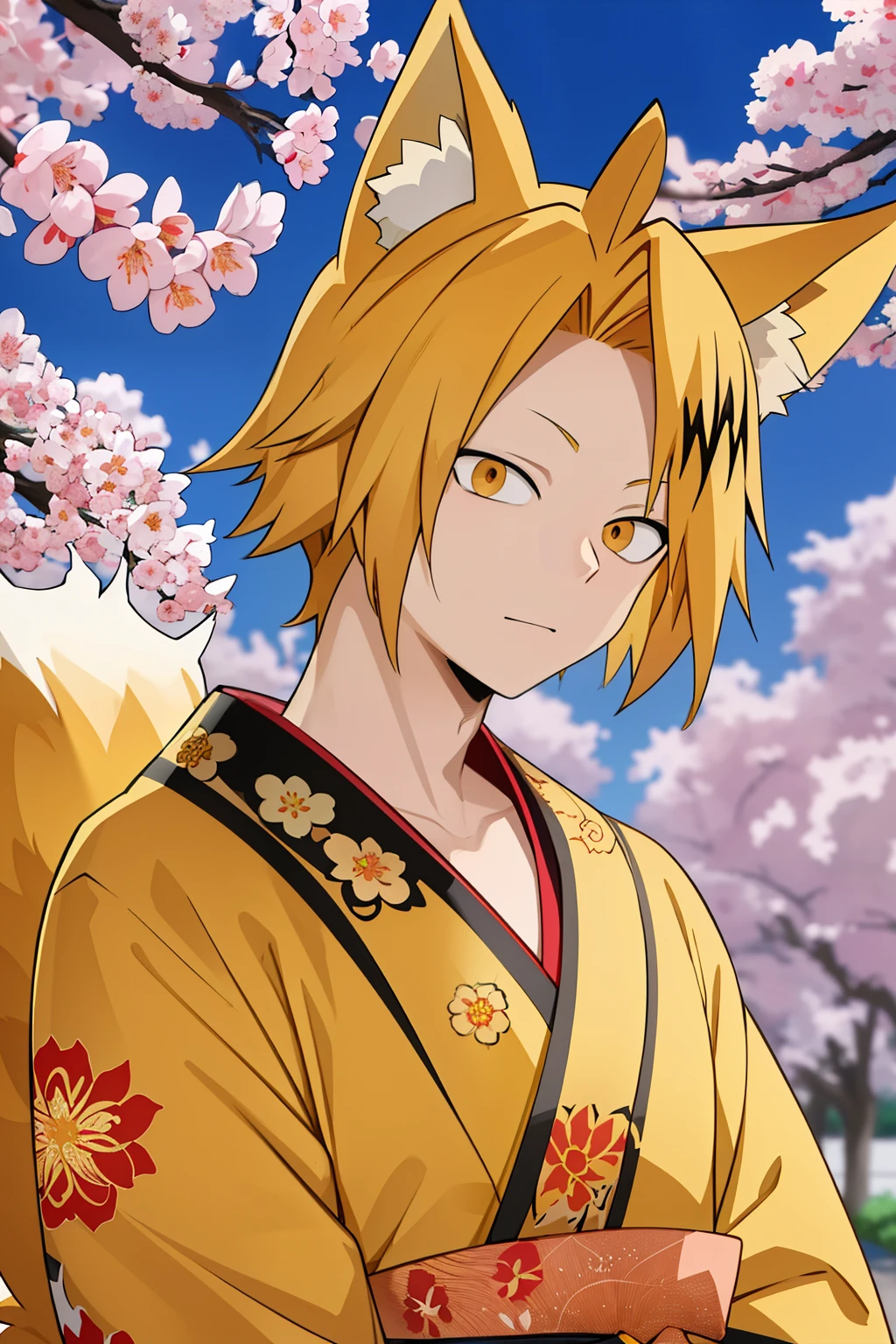 masterpiece , Better Quality , anatomy, 1 , Alone, man approaches , looking at the lunar spectator , upper body, Kaminari_Thank you, blonde hair, multicolored _hair, yellow Japanese kimono suit, fox ears and tails, Kitsune with ten tails, gem on the forehead , Under the Sakura tree ,
