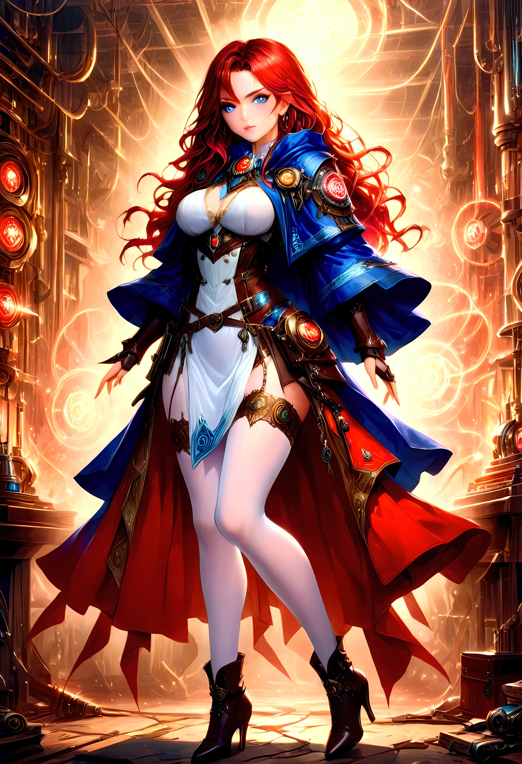 fantasy art, steampunk art, RPG art, photograph, RAW,  Best Detailed, picture of a mecha woman wizard, standing proudly, manipulating magical purple runes, extremely beautiful woman (best Detailed, Masterpiece, Hyperrealistic: 1.5)  red hair, rich hair, wavy hair, dynamic eyes color, wearing (white and red dress: 1.3), wearing (blue cloak: 1.3), wearing pantyhose, wearing high heeled boots, laces boots, make up, steampunk laboratory background, ultra best realistic, best details, best quality, 16k, [ultra detailed], masterpiece, best quality, (extremely detailed), ultra wide shot, photorealism, depth of field, hyper realistic painting, Cinematic Shot, Glowing Runes