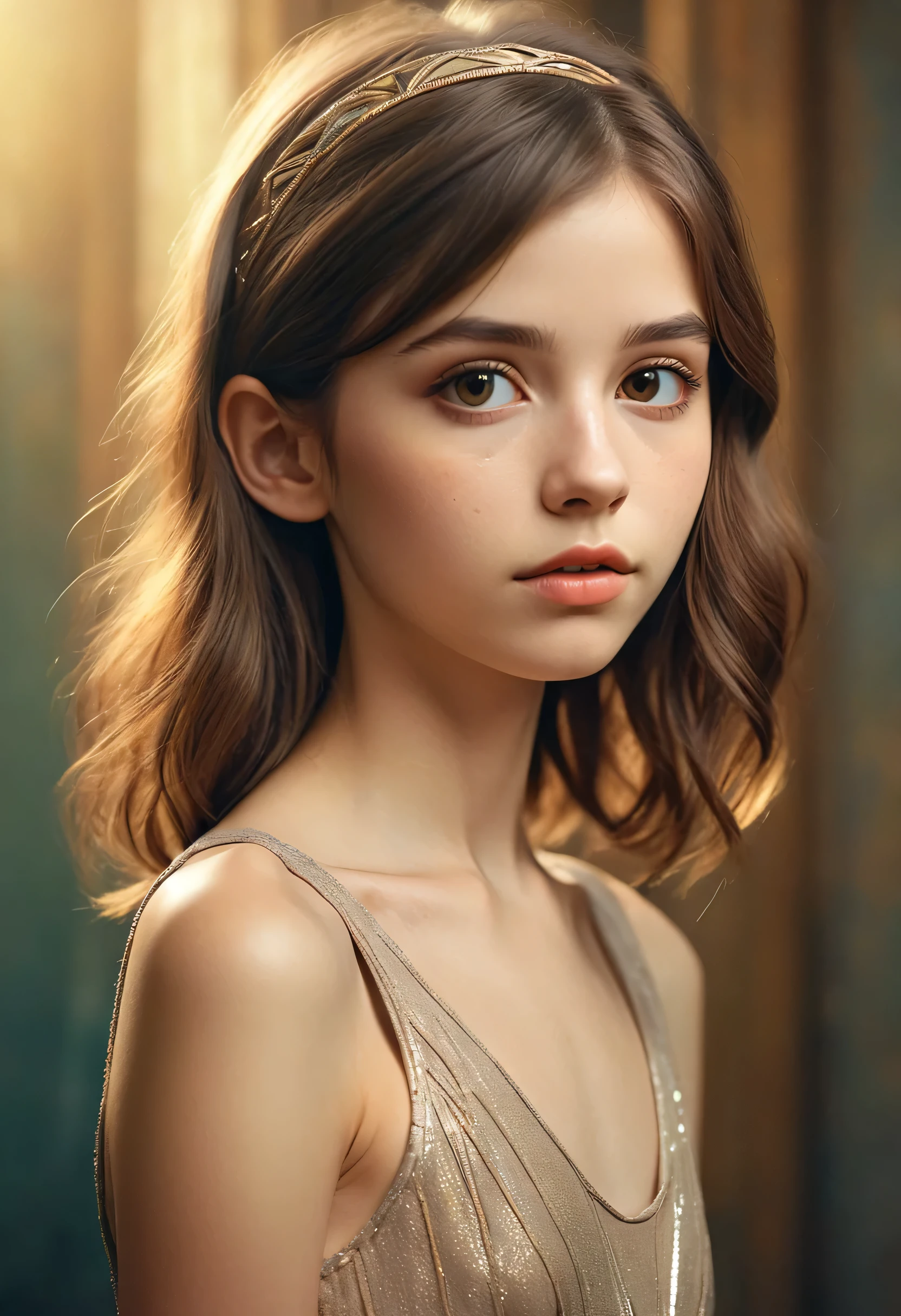 (Cinematic photo:1.3) From (Thigh-length photos:1.3),(skinny:1.3) Beautiful girl, (complex brown hair), Highly detailed texture кожи, realistic texture кожи, looks straight into the camera, (looks at the viewer) ), pout, , Shine, Dramatic, Dreamy,, elegant, strange, gentle, Highly detailed, difficult, UHD Digital Photography, , skinny shoulders, Photo to the knees , beautiful young girl, big, Beautiful body, highly detailed full-length shot, Dreamy, , strange, gentle, detailed hair band, Highly detailed texture, realistic texture, digital painting, highly detailed photo, (art deco: 1 .хFromоралFromм:1.3),(Classic realotm:1.3),(Fujifilm Superia:1.3),, golden hour light,