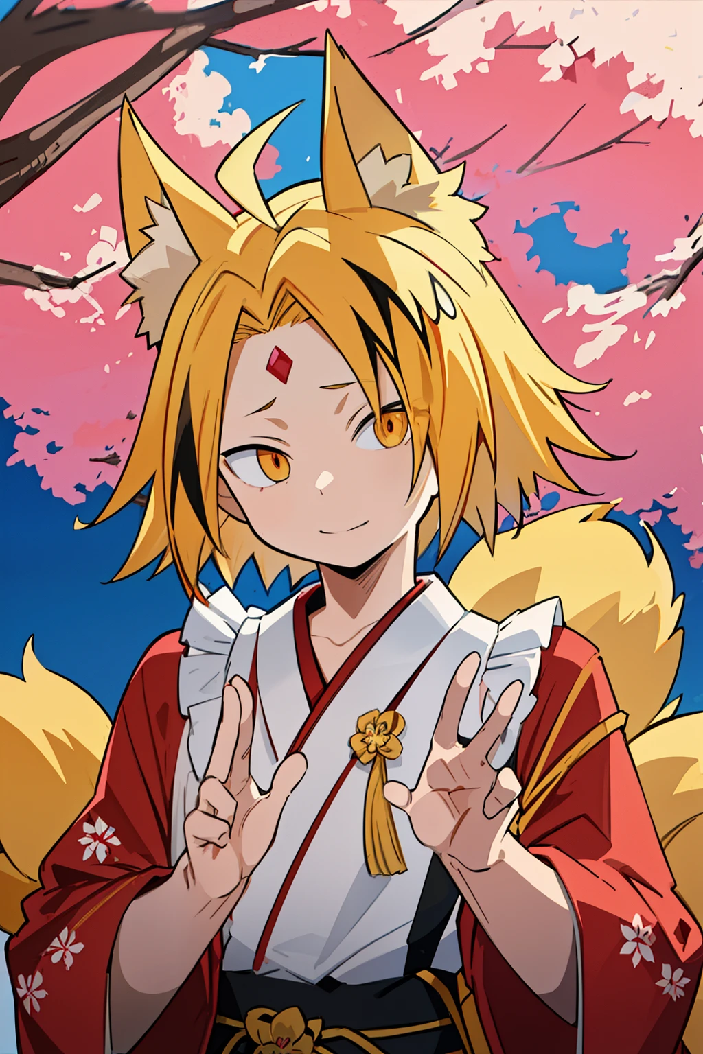  masterpiece ,   Better Quality ,  anatomy, 1 , Alone,   man approaches ,   looking at the lunar spectator  ,   upper body, Kaminari_Thank you, blonde hair,   multicolored  _hair, yellow Japanese kimono suit, fox ears and tails,  Kitsune with ten tails,  gem on the forehead , Under the Sakura tree , 