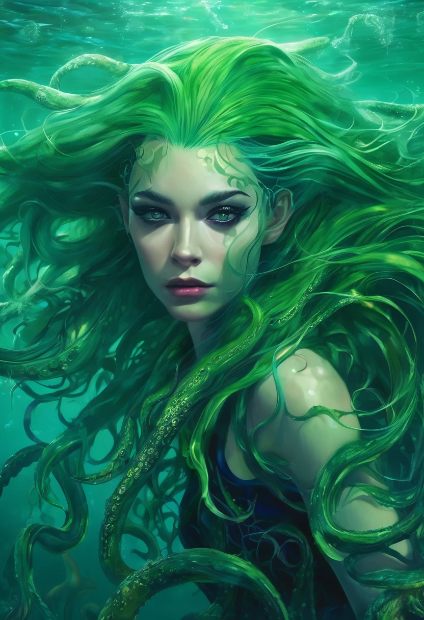 sea witch painting, Long Green Hair, evil, evil党, She is coming to you, Close-up, Dark Ocean,( In the water:1.1), lightning, Bright Eyes, Wearing a dress made of algae, Tentacles, octopus, (Close-up:1.3)