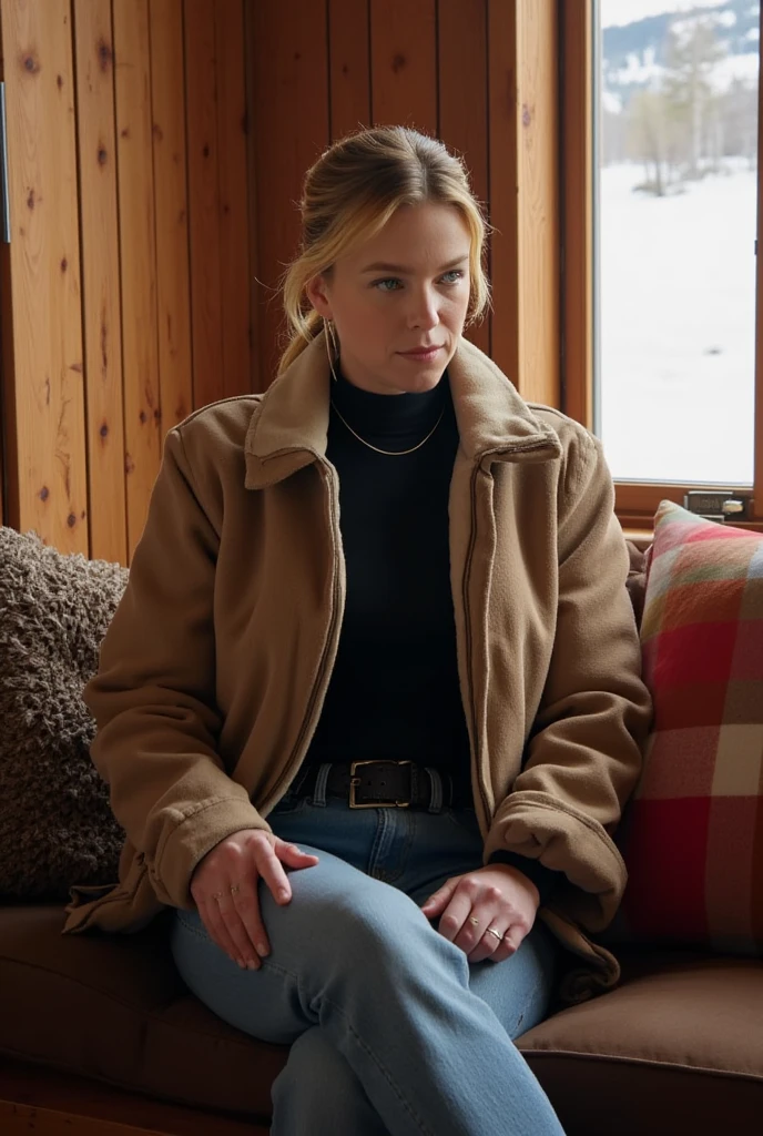 Milly Alcock,blonde hair ponytail,winter jacket,black turtleneckm,demin jeans,sitting on a couch,in a mountain cabin