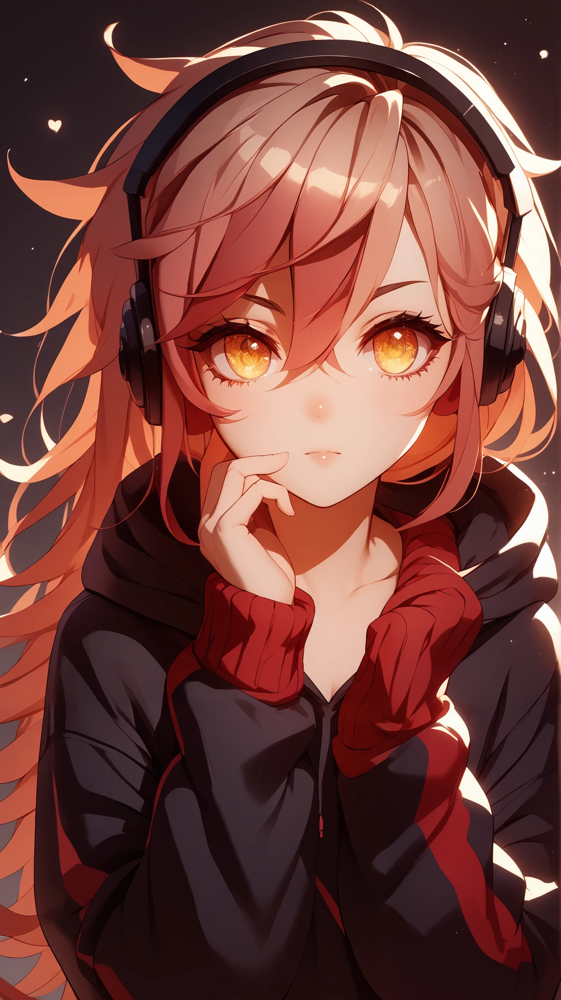 golden eyes、Woman using computer with big screen、medium long hair、wearing cool headphones,{{{{{{{{ black hoodie oversized }}}}}}}},beautiful and delicate golden eyes,thought,black clothes,