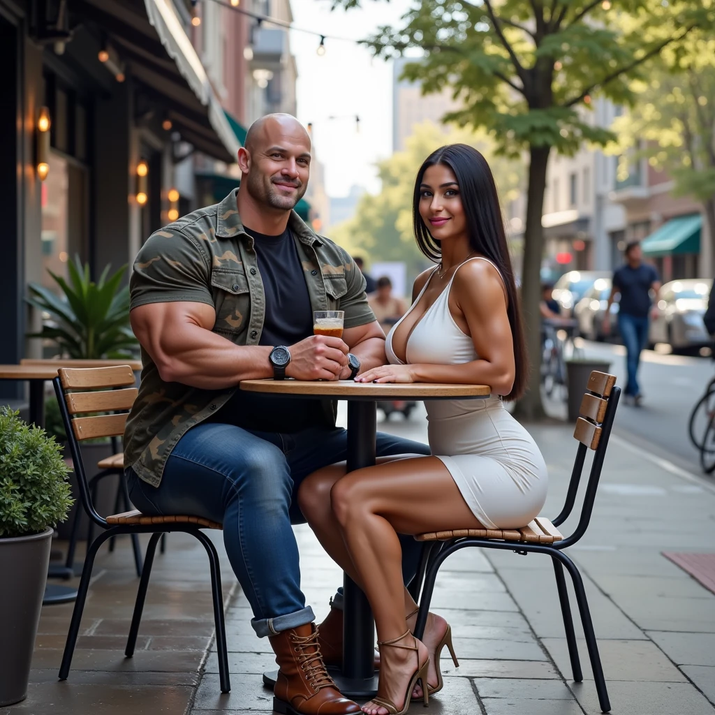 UHD, Ultra Photorealistic Image, Retina, Masterpiece, Accurate, Textured Skin, Super Detail, High Quality, High Resolution, 8K.

A very tall (about 1.95m), pale-skinned, and very muscular American bodybuilder with a shaved head. He is seated confidently at an outdoor café table, smiling gently as he enjoys a meal. He is wearing a camouflage jacket over a black t-shirt, paired with blue jeans and brown leather lace-up boots with intricate stitching. The detailed texture of his clothing and boots is highlighted by the soft daylight. A sleek wristwatch adorns his wrist, completing his casual yet rugged look.

Sitting gracefully on his muscular thigh is a stunning, pale-skinned woman with long, straight black hair. She is wearing a short, wet white dress that clings delicately to her figure, emphasizing her elegant curves and long, toned legs. The dress is paired with high heels, adding a refined touch. Her posture is relaxed but confident, with one hand lightly holding a glass of iced tea, and her expression is warm and inviting.

The setting is an outdoor urban dining area on a bustling street. The café features rustic wooden tables and metal chairs, surrounded by potted plants and string lights hanging overhead, creating a cozy, modern vibe. Around them, there is a vibrant street scene with pedestrians walking by, street vendors selling local snacks, and cyclists passing on a nearby bike lane. The sky is a bright blue, with soft sunlight illuminating the surroundings, while a gentle breeze adds movement to the leaves of the nearby trees.

Both individuals exude confidence and charm, their attire and body language blending seamlessly with the relaxed yet lively atmosphere of the setting. The ultra-realistic details of their expressions, clothing, and the surrounding environment combine to create a visually stunning, photorealistic composition that captures an authentic moment of elegance and leisure.