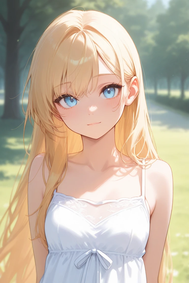 Portrait of a pretty, young blonde in a white summer dress.