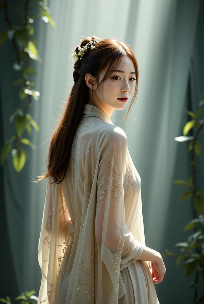 A photorealistic depiction of an East Asian woman standing slightly turned back, glancing over her shoulder. She is wearing a flowing, semi-transparent garment with intricate and elegant floral or vine patterns, layered over a properly fitted dress shirt. The combination adds a sense of modesty and sophistication. The background features a mystical interplay of light and shadow, casting a serene yet dramatic glow on her figure, emphasizing her delicate and refined appearance.