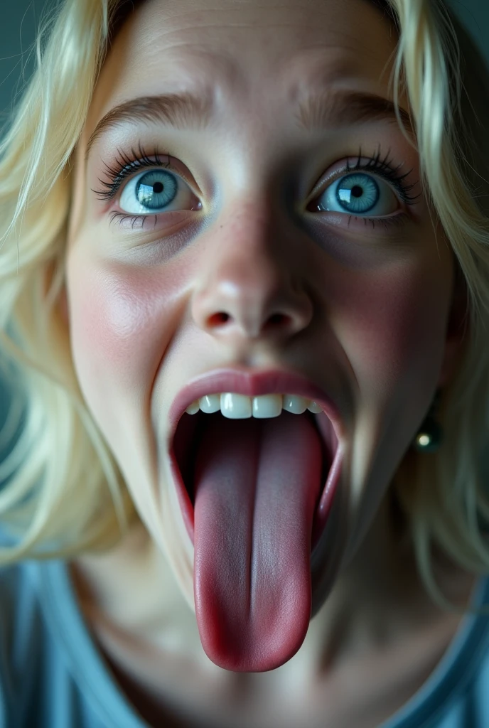 A realistic 8k picture of a young girl with blonde hair and blue eyes,sweating, the eyes are focusing, she has a open mouth with wet tongue, angle from below shiny skin with sweat, vulgar face