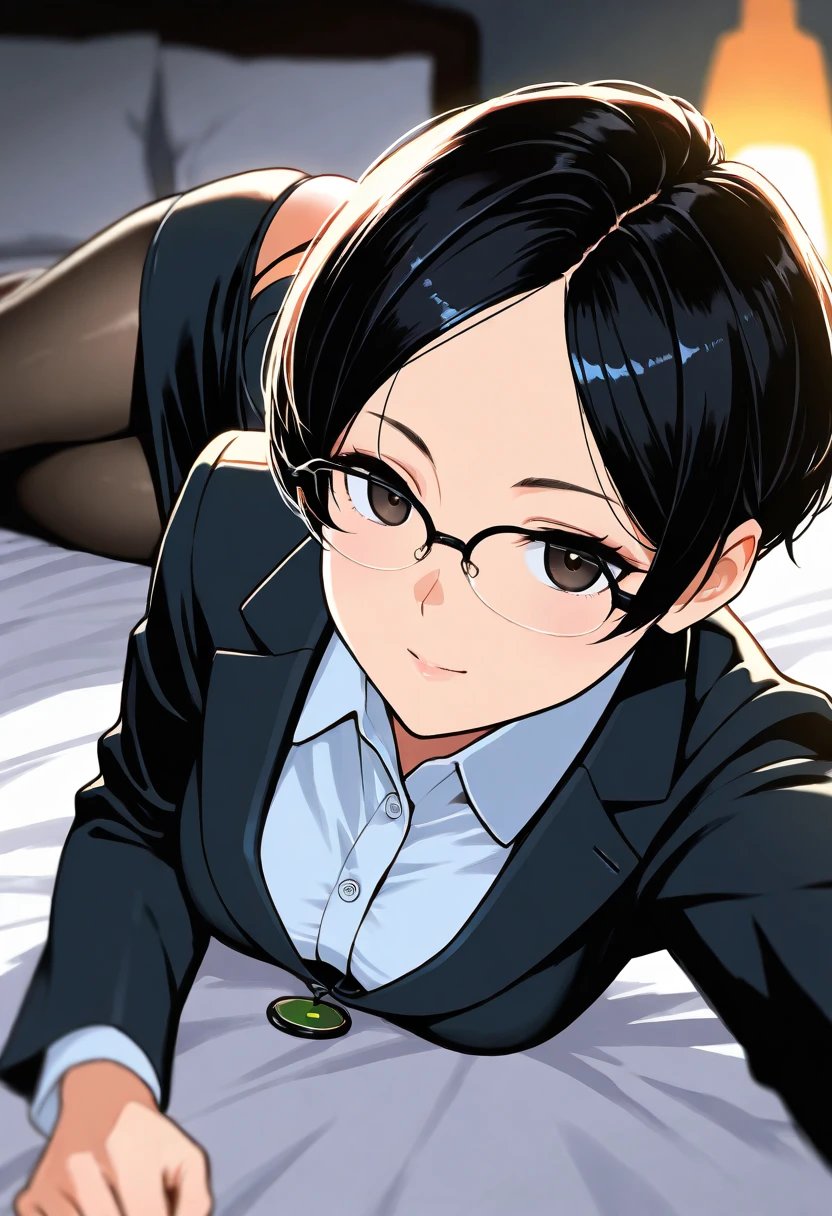 illustration,portrait,1girl,Japanese,black short hair,pixie cut, (wearing glasses:1.3),(parted bangs,forehead:1.2),round face,medium breasts,thick thigh,wearing button-up,business suit,pencil skirt,black pantyhose,micro sexy red panties,thong,lying on side on her bed,cinematic lighting,dynamic lighting,depth of field,from side,panty shot