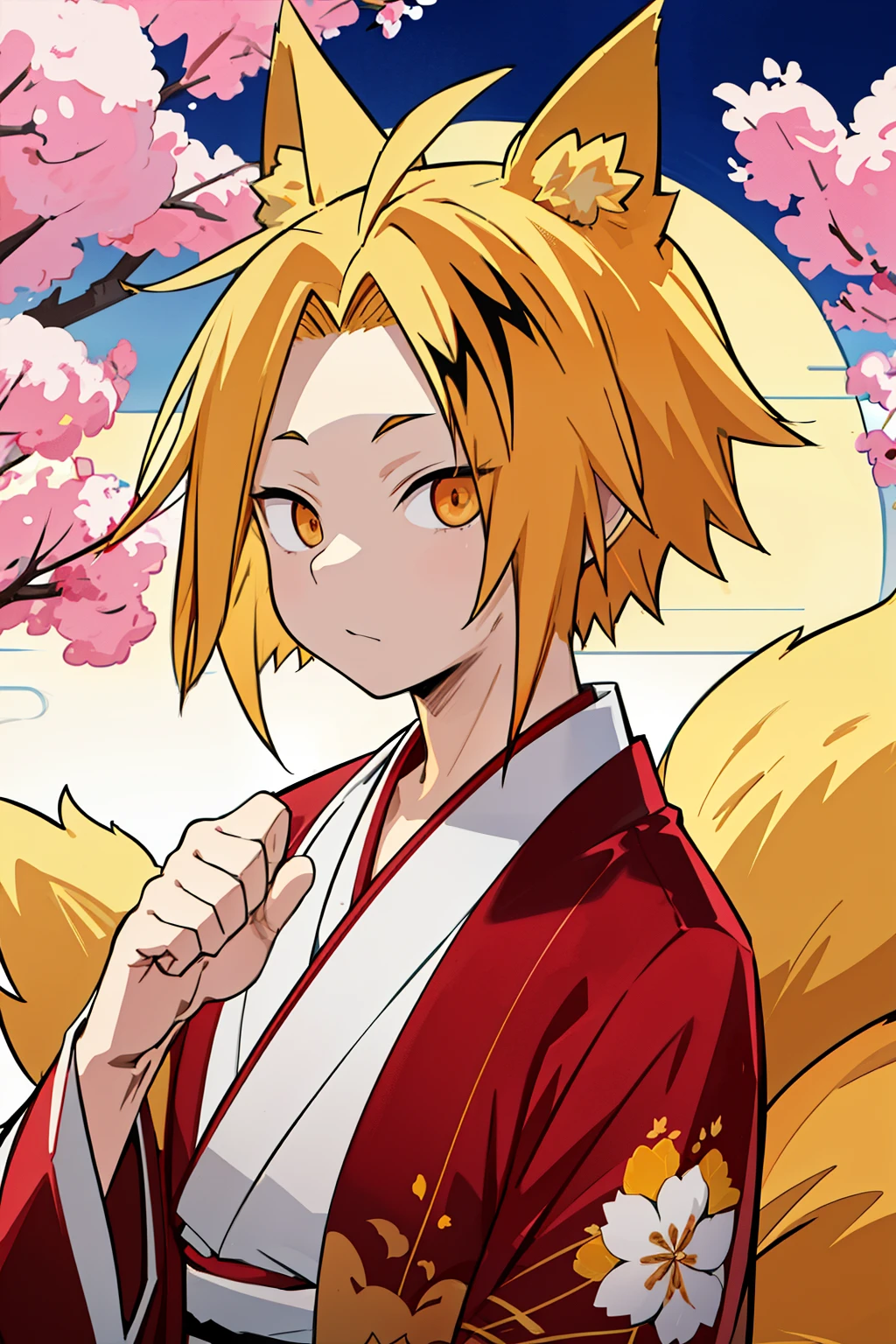   masterpiece ,   Better Quality ,  anatomy, 1 , Alone,   man approaches ,   looking at the lunar spectator  ,   upper body, Kaminari_Thank you, blonde hair,   multicolored  _hair, yellow Japanese kimono suit, fox ears and tails,  Kitsune with ten tails, Ruby Gem on the Forehead, Under the Sakura tree , 