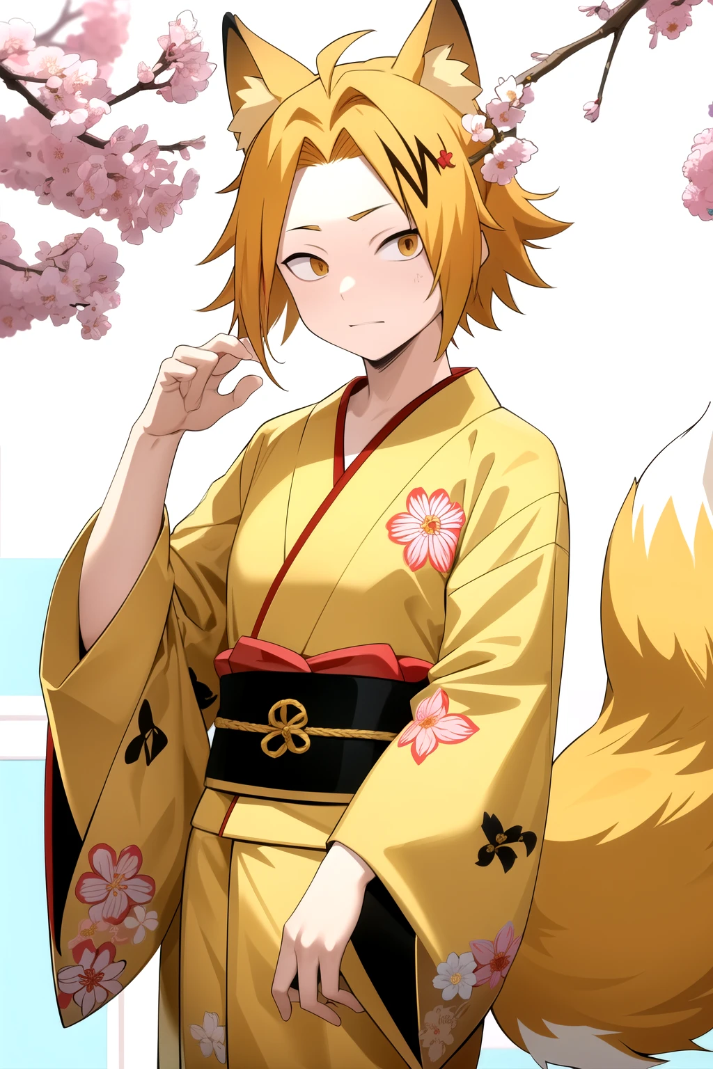 masterpiece , Better Quality , anatomy, 1 , Alone, man approaches , looking at the lunar spectator , upper body, Kaminari_Thank you, blonde hair, multicolored _hair, yellow Japanese kimono suit, fox ears and tails, Kitsune with ten tails, Ruby gem on the red forehead, Under the Sakura tree , Gem on the red forehead