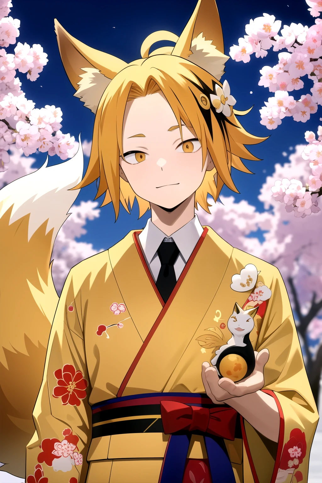 masterpiece , Better Quality , anatomy, 1 , Alone, man approaches , looking at the lunar spectator , upper body, Kaminari_Thank you, blonde hair, multicolored _hair, yellow Japanese kimono suit, fox ears and tails, Kitsune with ten tails, Gem on the red forehead, Under the Sakura tree ,