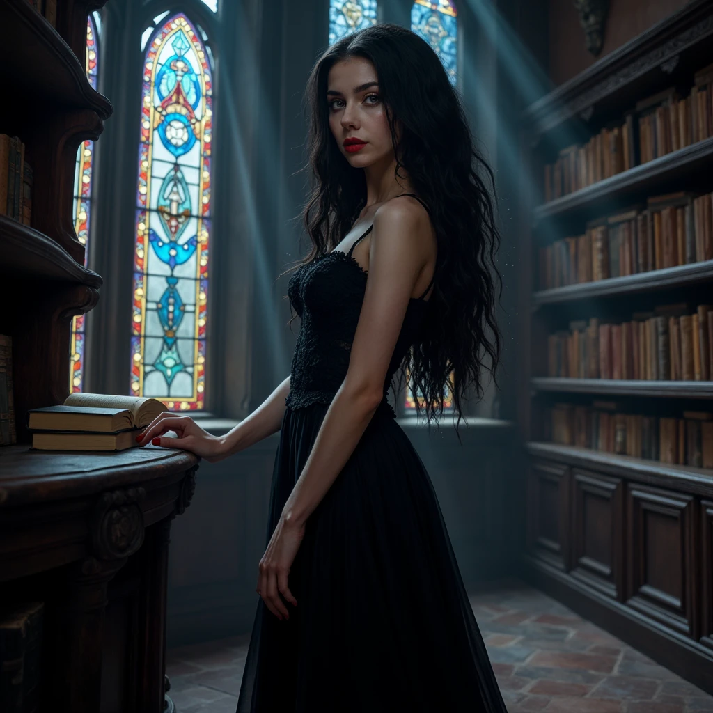 *"An enchanting teenage vampire of striking beauty stands gracefully in an ancient library bathed in the ethereal glow of moonlight filtering through grand, stained-glass windows. Her flawless porcelain skin gleams softly in the dim light, accentuating the deep contrast of her long, jet-black hair, which cascades over her shoulders in glossy waves. Her captivating gray eyes shimmer with a mix of youthful mischief and otherworldly allure, drawing attention to her hauntingly elegant presence.

Her crimson lips are artfully smeared with vivid blood, a stark and seductive contrast against her pale complexion. She wears a sleek, flowing black dress with intricate lace accents, the fabric rippling like shadows as she moves. The dress hugs her slender frame, exuding sophistication and danger. She stands poised near a towering bookshelf filled with ancient tomes, one hand lightly brushing the spine of a dusty book while the other rests playfully at her side.

The stained-glass windows behind her depict intricate, gothic patterns in rich blues, purples, and reds, casting fragmented beams of colored light across the polished stone floor and onto her figure. Dust particles float in the air, illuminated by the vibrant light streaming through the glass. The scene captures the grandeur of the library, the gothic splendor of the surroundings, and her bewitching, timeless beauty. Her expression is confident and teasing, a perfect blend of sophistication and danger, as though she guards the secrets of the ages within the shadows of the library."*