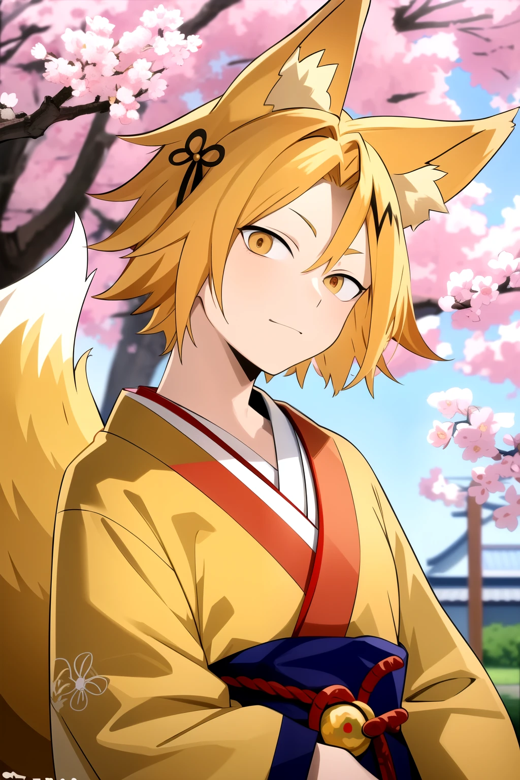   masterpiece ,   Better Quality ,  anatomy, 1 , Alone,   man approaches ,   looking at the lunar spectator  ,   upper body, Kaminari_Thank you, blonde hair,   multicolored  _hair, yellow Japanese kimono suit, fox ears and tails,  Kitsune with ten tails, Gem on the red forehead, Under the Sakura tree , 