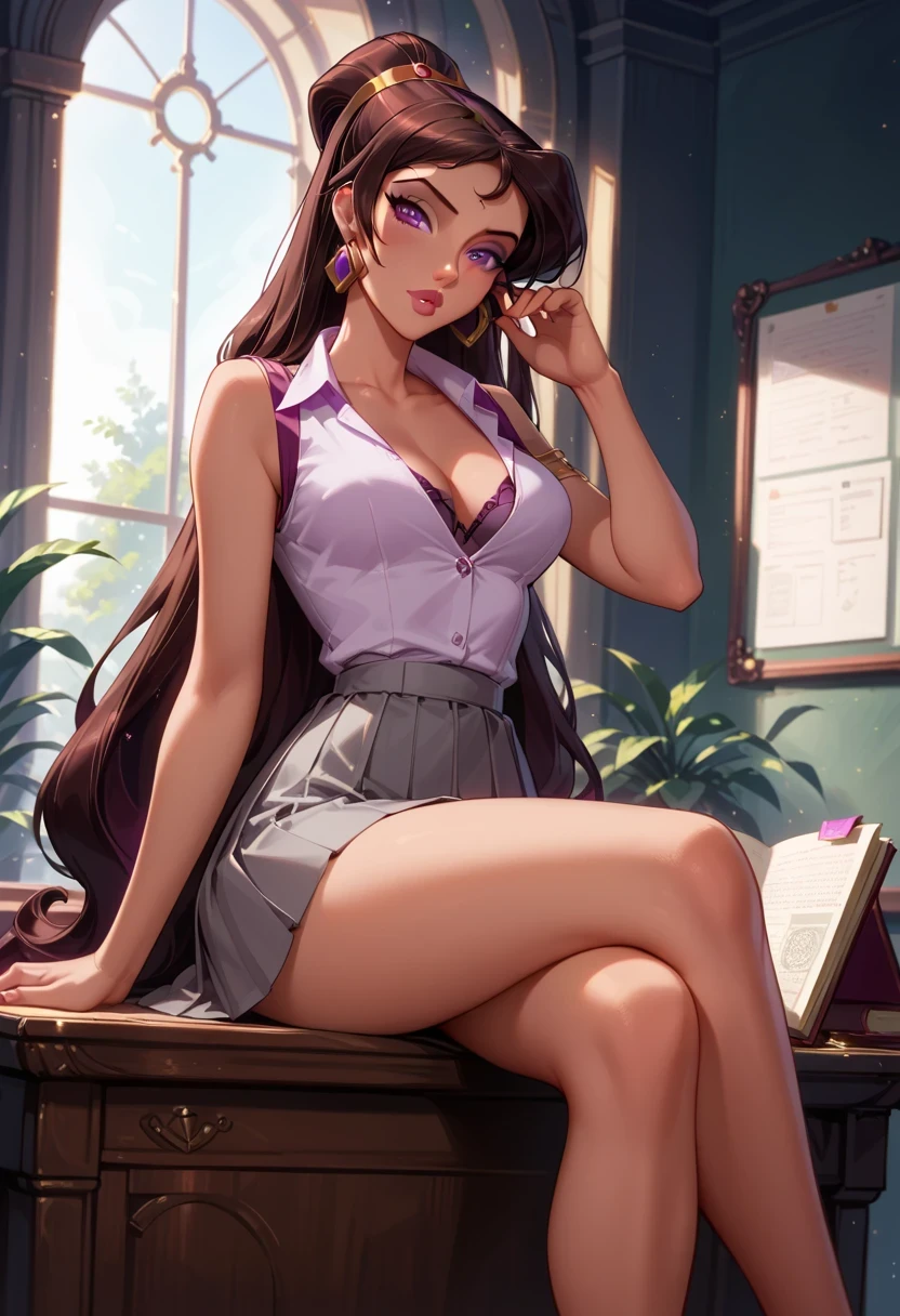 score_9, score_8_up, score_7_up, 1girl, solo, very sexy (Disney's Megara, m_ra, brown hair, purple eyes, ponyail::1.3), beautiful waifu, cute reading glasses, school uniform, sleeveless shirt, pleated skirt, grey skirt, short skirt, collared shirt, cleavage, confident, seductive, flirt, gaze, sexy look, head tilt, filled lips, thick lips, sexy pout, in library, (sitting on reception desk, legs crossed:1.2), model pose, sexy pose, elegant, glamorous, dimly lit, expressiveh d4rk01l, perfect hands, perfect proportions, low angle.