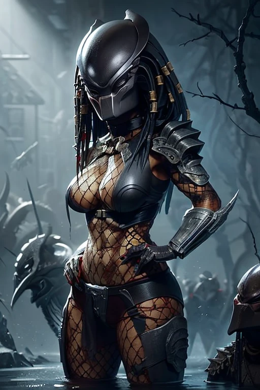(8K, Best quality, Masterpiece:1.2) a close up of a poster of a predator with very big breasts and big tail bewitching thighs full body and big tail with a sword, the predator, predator film, predator movie, predator, alien predator, hunter, still from the movie predator, hot reptilian humanoid woman,