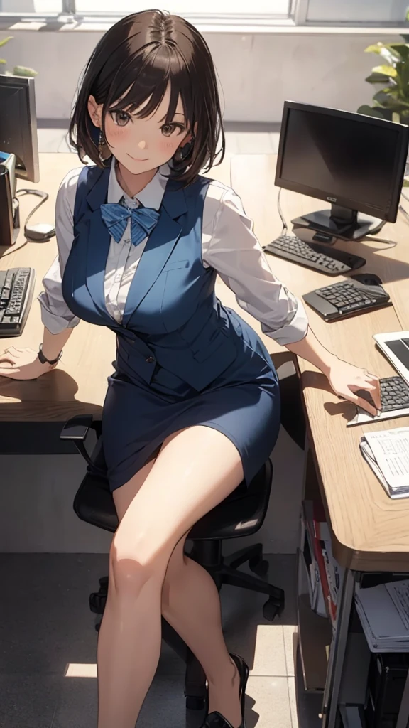 highest quality, debris flies、pretty woman、officeレディー、black hair、(brown eyes、big breasts、blunt bangs)、short hair、チェック柄のダークブルーのofficeスーツ)、new employee,full body shot、Female OL、break(checkered dark blue vest、white cutter shirt、Navy blue long tight pencil skirt:1.2)、(black tights、high heels)、break(office:1.3)、(((greeting)))