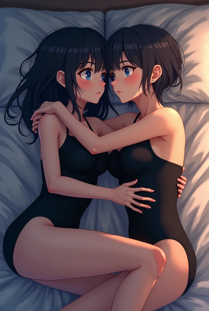 Two ((((women))), (((lesbians))))), 2 girls, 2 beautiful full-body women, 30 years old, perfect bodies, with little clothes, tiny thong, super sensual scene, sexy, sexy pose, very sexy, sexy for, (lying on a bed:1.5), (lying beside in a bed:1.5), (exausted:1.5), outworn, worn-out