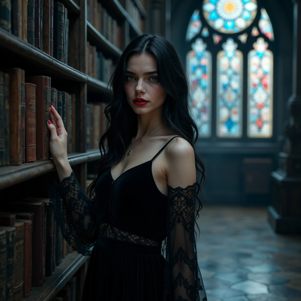 *"An enchanting teenage 14 años vampire of striking beauty stands gracefully in an ancient library bathed in the ethereal glow of moonlight filtering through grand, stained-glass windows. Her flawless porcelain skin gleams softly in the dim light, accentuating the deep contrast of her long, jet-black hair, which cascades over her shoulders in glossy waves. Her captivating gray eyes shimmer with a mix of youthful mischief and otherworldly allure, drawing attention to her hauntingly elegant presence.

Her crimson lips are artfully smeared with vivid blood, a stark and seductive contrast against her pale complexion. She wears a sleek, flowing black dress with intricate lace accents, the fabric rippling like shadows as she moves. The dress hugs her slender frame, exuding sophistication and danger. She stands poised near a towering bookshelf filled with ancient tomes, one hand lightly brushing the spine of a dusty book while the other rests playfully at her side.

The stained-glass windows behind her depict intricate, gothic patterns in rich blues, purples, and reds, casting fragmented beams of colored light across the polished stone floor and onto her figure. Dust particles float in the air, illuminated by the vibrant light streaming through the glass. The scene captures the grandeur of the library, the gothic splendor of the surroundings, and her bewitching, timeless beauty. Her expression is confident and teasing, a perfect blend of sophistication and danger, as though she guards the secrets of the ages within the shadows of the library."*