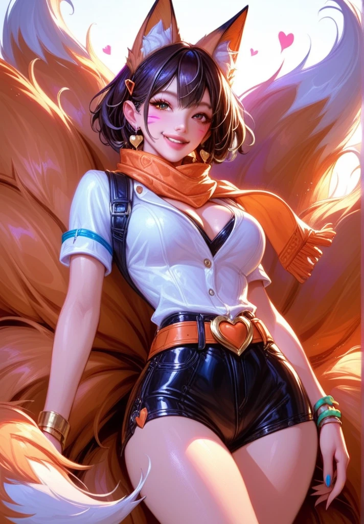 masterpiece, best quality, <lora:UshizakiUrumi:1>,1girl,red horns, split-color hair,ahoge,cow ears,red eyes,cleavage,haori, wide sleeves, japanese clothes,crop top, navel, cow print,yellow shorts,frilled shorts,cow tail,statue, grey background, cowboy shot, smile
