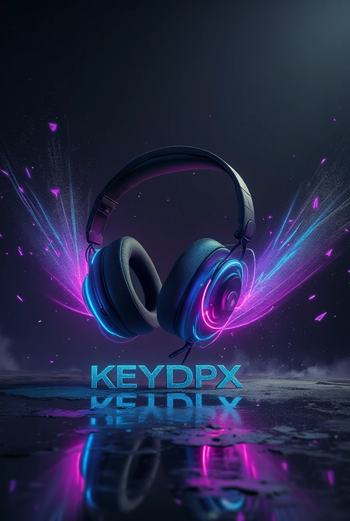 A dark,  elegant background in deep gray ,  which conveys the atmosphere of an underground club .  floating in the foreground is a stylized ,  modern headphones ,  from which fine light waves in neon blue and purple radiate ,  as if they were visually representing the music .  The waves spread out ,  merge with geometric patterns and gradually disappear in the dark .

 Your artist name KEYDPXX is central ,  with a metallic ,  shimmering font ,  surrounded by a subtle glow . The text looks ,  as if they were engraved into the surface of the background ,  and reflects the pulsating light .  Small floating particles and dust in the air increase the depth and dynamism of the scene.