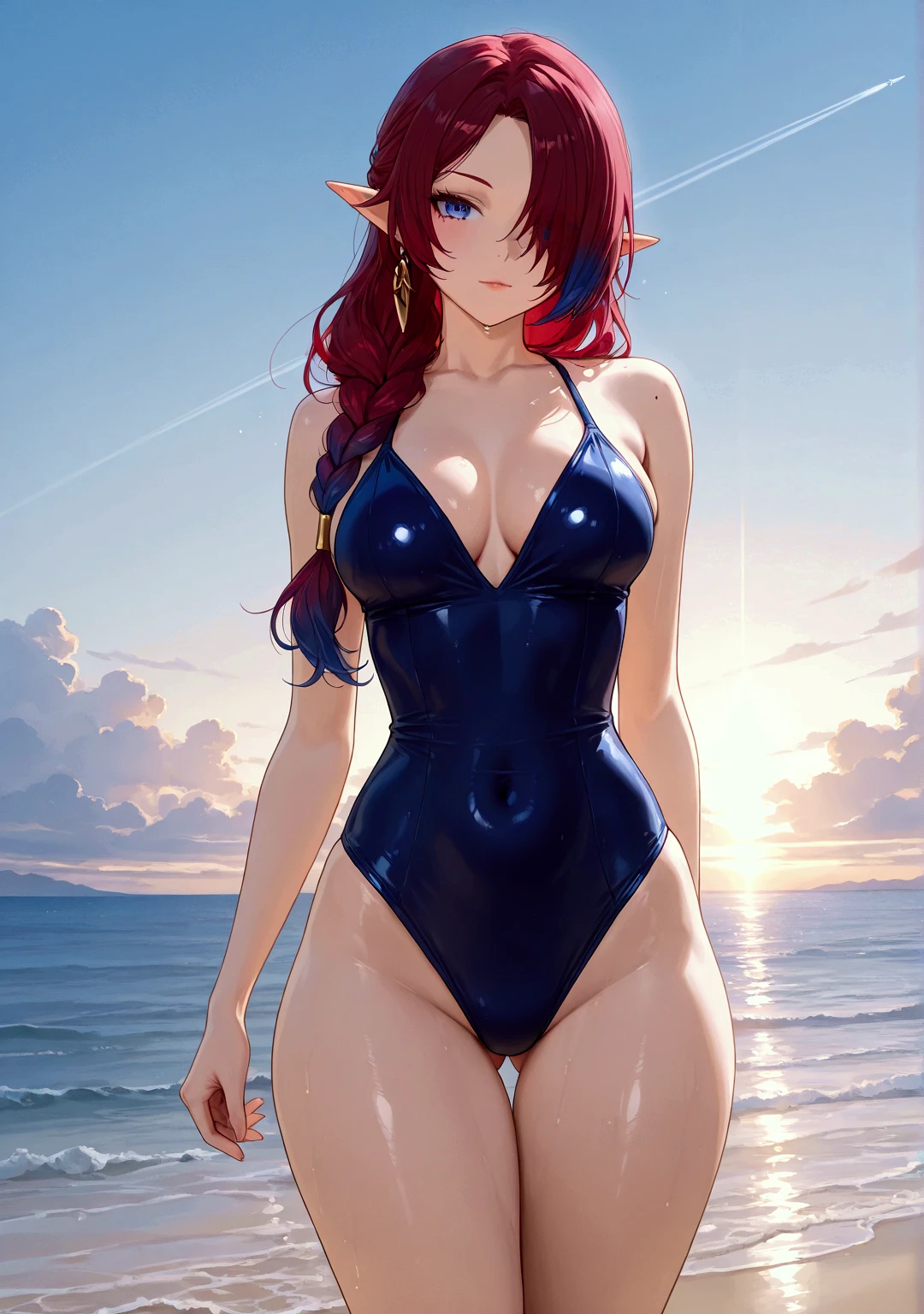 1 girl, solo, mature woman, milf, ch4sca, multicolored hair, red hair, blue hair, blue eyes, pointy ears, hair over one eye, long hair, braid, mole on shoulder, medium breasts, voloptuous, thick thighs, wide hips, alternate costume, looking at viewer, closed mouth, blue one-piece swimsuit, lips, covered navel, bare shoulders, standing, outdoors, sky, day, cloud, water, dark blue sky, ocean, ass visible through thighs, beach, thigh gap, contrail, cowboy shot, gleaming, shiny, shiny skin, shiny outfit. BREAK .quality\(8k,wallpaper of extremely detailed CG unit, high resolution, top-quality, top-quality real texture skin, hyper realistic, increase the resolution, RAW photos, best quality, highly detailed, the wallpaper, golden ratio, high saturation realism, vibrant colors, dramatic lighting, persuasive storytelling, atmospheric scenery, captivating visuals, intricate details, strong emotions, dreamlike world\)