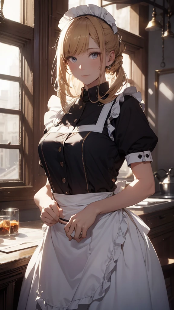 (photorealistic:1.4),8K,(masterpiece), Best quality, top quality, (detailed face:1.5),original,a high resolution, unparalleled masterpiece, ultra realistic 8K, perfect work of art, ((ideal female figure)),mature woman, mother, slim waist, skinny,detailed skin,
1 girl, One, I look at the viewer, (standing:1.2),Blue eyes, Blonde hair ,,apron, White shirt, collared shirt, side tail,bang, scrunchy, crossed legs, hair between eyes,(half-closed eyes:0.6),hair scrunchy, clothes around the waist, blue scrunchy,academy school, A cup,teapot,tray,holding tray,Dining Room,pastor1, aikhayasakav4, ass