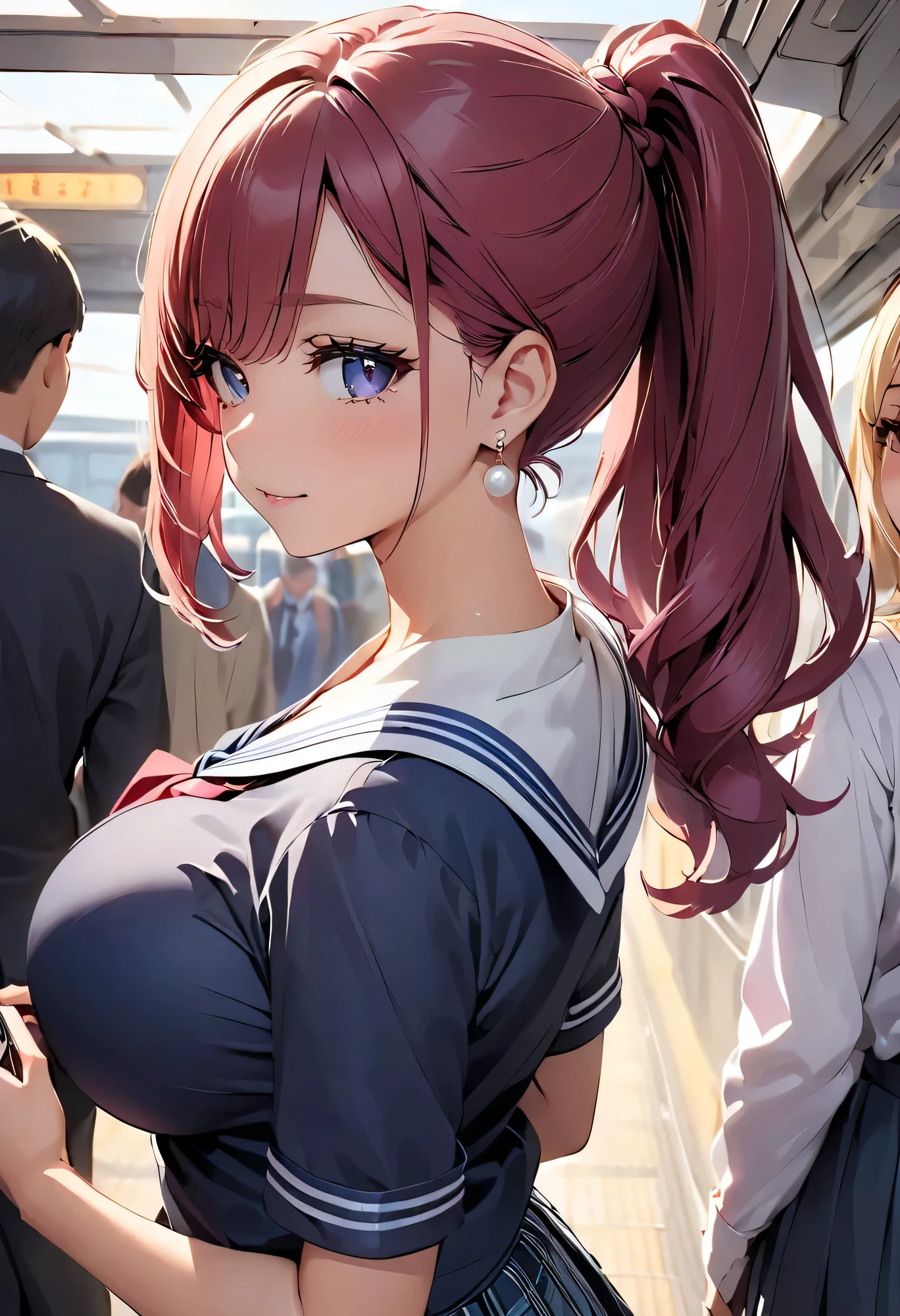 best quality 、 High Resolution 、( HD:1.2)、masterpiece、 detailed background、 very detailed face、 anatomically correct、 detailed eyes、age beauty、 huge breasts、 perfect body line 、 brightly colored hair color 、 Braided Bob Cut 、 ponytail、 Two girls taking selfies with shiny dark blue sailor suits 、 white sailor color、 Plaid Pleated Skirt、 white stockings 、 pearl necklaces and silver earrings 、 in the train、On the way to school、
(Close up the beautiful girl's nape from the side:1.5)