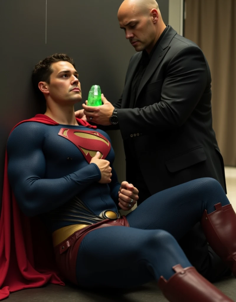 muscular attractive noah beck with an undercut haircut combed back, short beard, shirtless, wearing a tattered and torn Superman suit, is chest displays the iconic "S" symbol. Superman's traditional red cape is present, attached to the shoulder and flowing behind him, dark red boots, lies on the floor leaning against a wall, sore, with one hand on the chest, with his mouth slightly open and his eyes closed, he appears weak and in pain. Expression of pain. Standing next to Superman is a bald man, dressed in a dark suit, The bald man holds a bright green crystal in his hand near Superman's face
