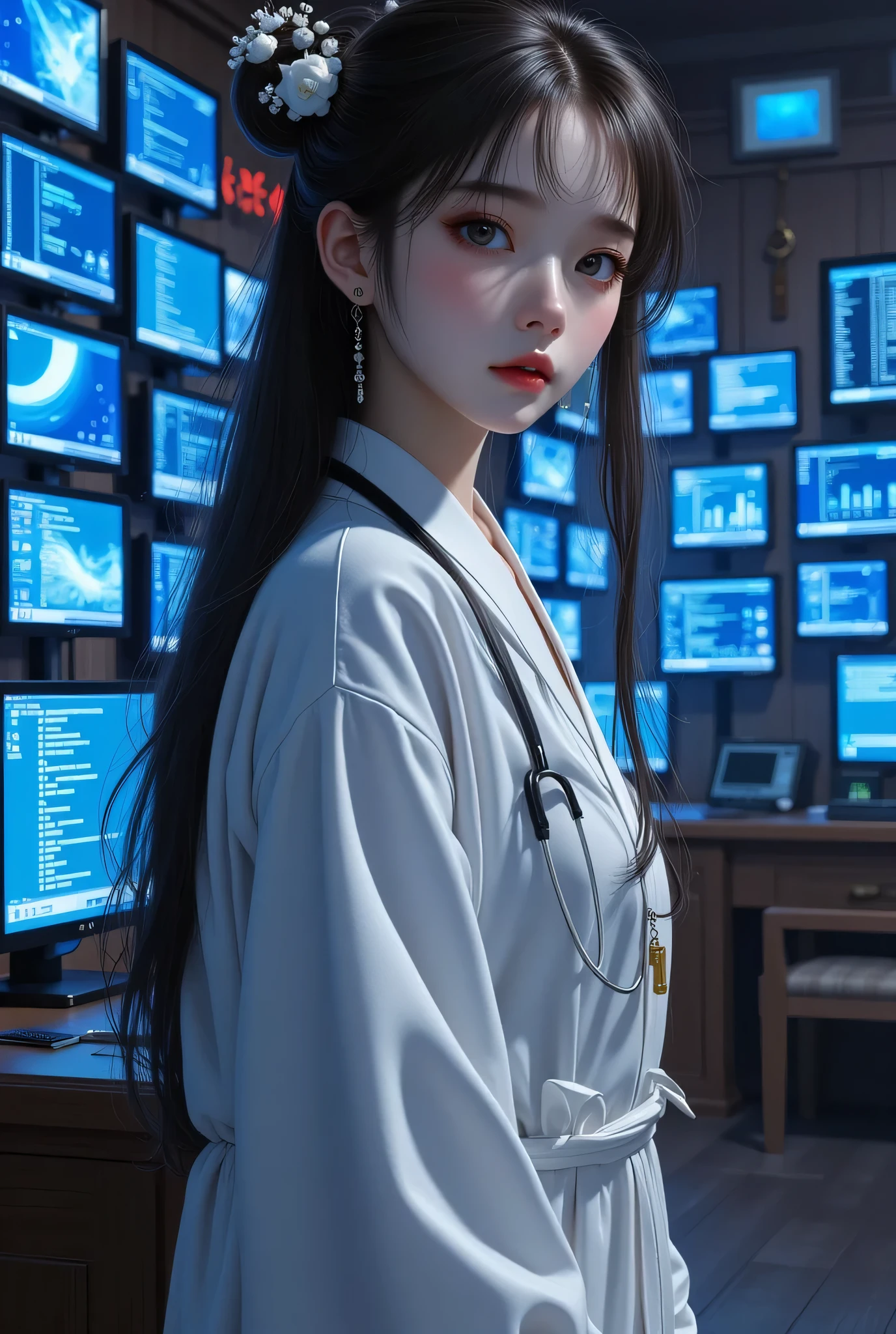 absurdness, highness, ultra detailed, Ancient China doctor, long hair, cute face, The background is an old wooden house with hundreds of blue screens behind, Ancient Chinese dress, full body, short body, standing, black hair, black eyes, 1 person, focus on girls, medical equipment, blue screen around, medical equipment around, Fantasy Science, system window pop-up in the background, girl, inside old wooden house, (Look at the audience:1.5) ((hundreds of computer blue screens:1.5))