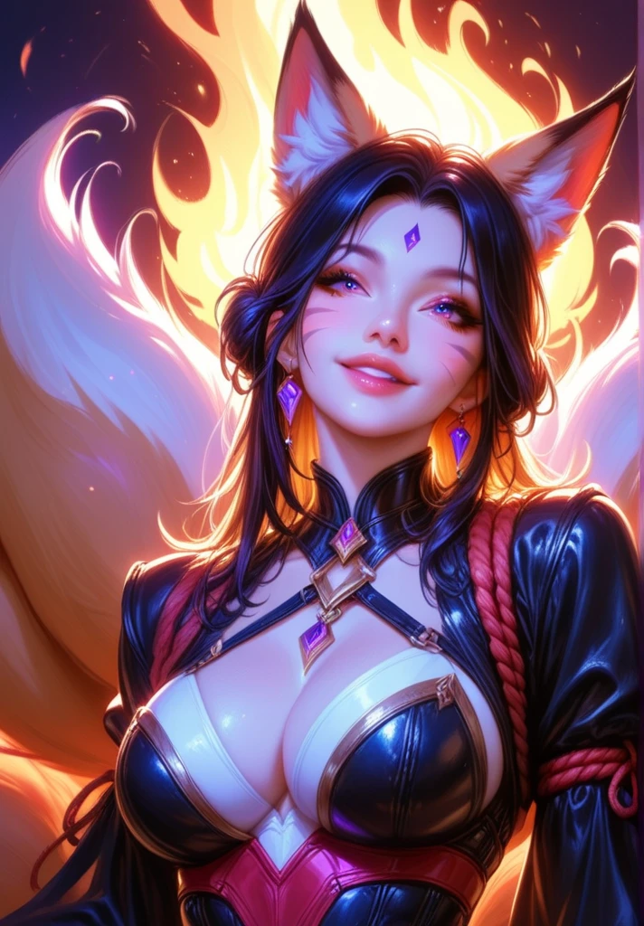 Ahri, (front), (upper body), (standig), (beautiful breast:0.75), (ultra realistic,32k,RAW photo:1.1), (high detailed skin:1.1), Ahri Clothing, black hair, black background, 8k uhd, dslr, high quality, beautiful face, beautiful body, film grain, (makeup, mascara:1.1) , lips,(thick\lips\),