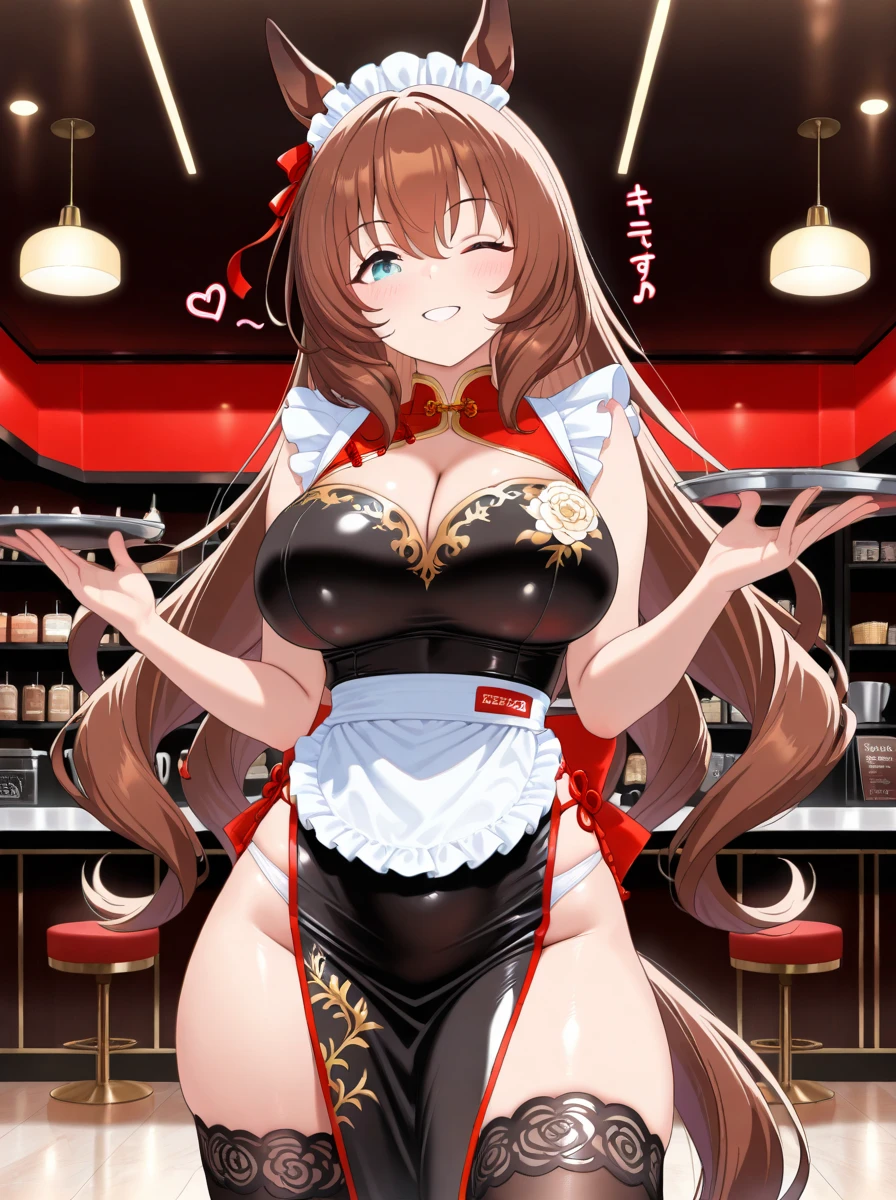 (masterpiece, best quality), amazing quality, very aesthetic, absurdres, highres, newest, fine detail background, cowboy shot, sound effect, 
rating: safe, solo, 1girl, (Maruzensky \umamusume\), (glamorous, curvy, large breast:1.4), horse ear, horse tail, (Sexy Chinese waitress costume, no sleeve, clothes with a hole in the chest, Apron with ruffles, tight dress, red chinese dress, Deep dress slits, side straps of white panties, black nylon thighhigh), enjoy smile, open stance, wink, sexy pose, in cafe