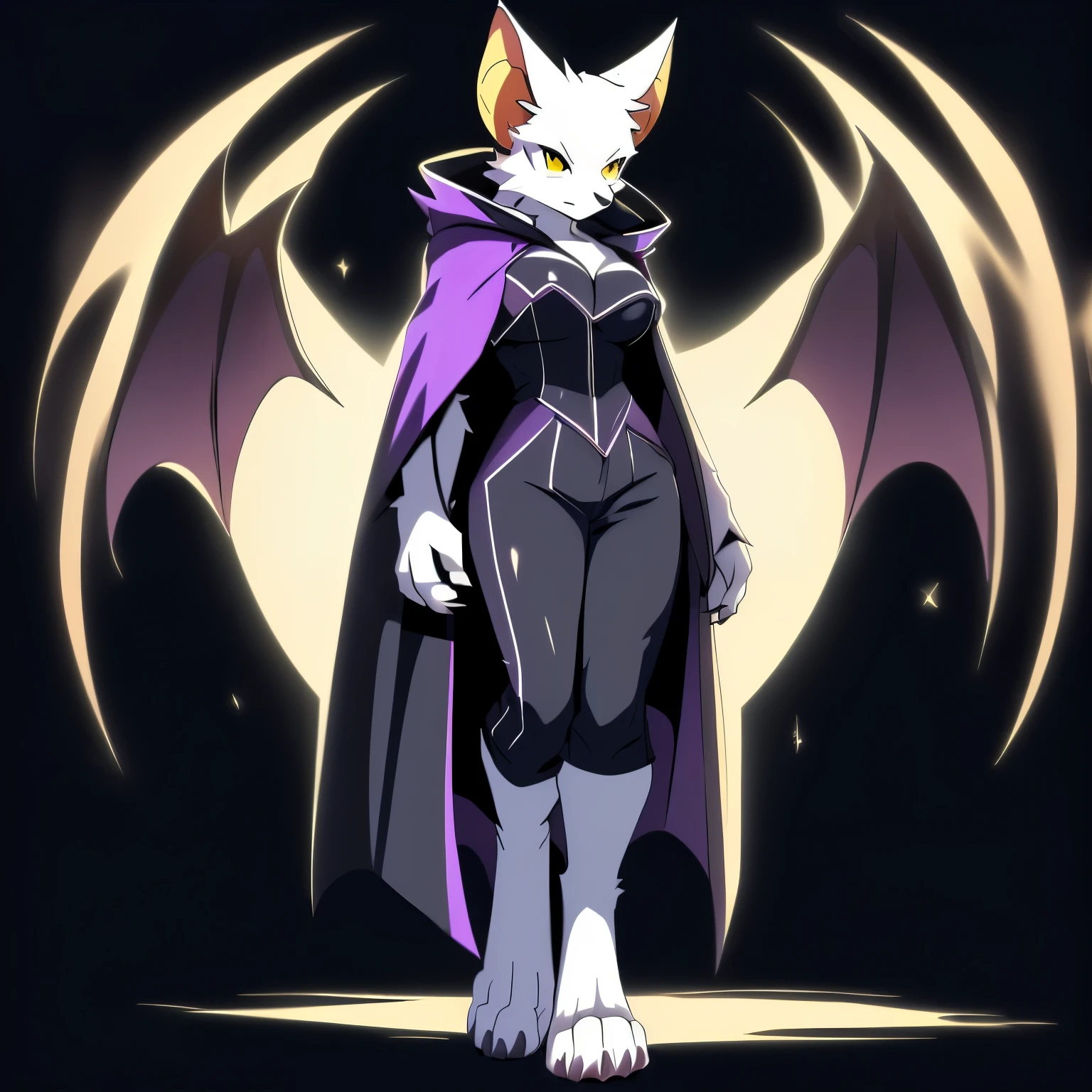 Anime, anime style, ((single person:2)), ((solo drawing:2)), ((solo:2)), ((three-quarter view)), ((Looking to the side)), ((female Anthro bat)), ((Tall figure)), ((buxom figure)), ((white skin)), clawed hands, ((clawed paws)), ((Single Pair of Wings)), ((Huge Bat Wings)), ((Purple Bat Wings:1.2)), white bat ears, ((wearing a purple bustier)), ((white face)), ((neutral expression)), vivid yellow eyes, ((digitigrade legs)), ((digitigrade feet)), ((solid black background)), ((blank black background)), highly detailed anime style, clean lines, white face, short white muzzle, white furry cheeks, white furry muzzle, ((wearing black pants)), ((white paws)), ((wearing a full body cloak)) ((Wearing a black cloak))