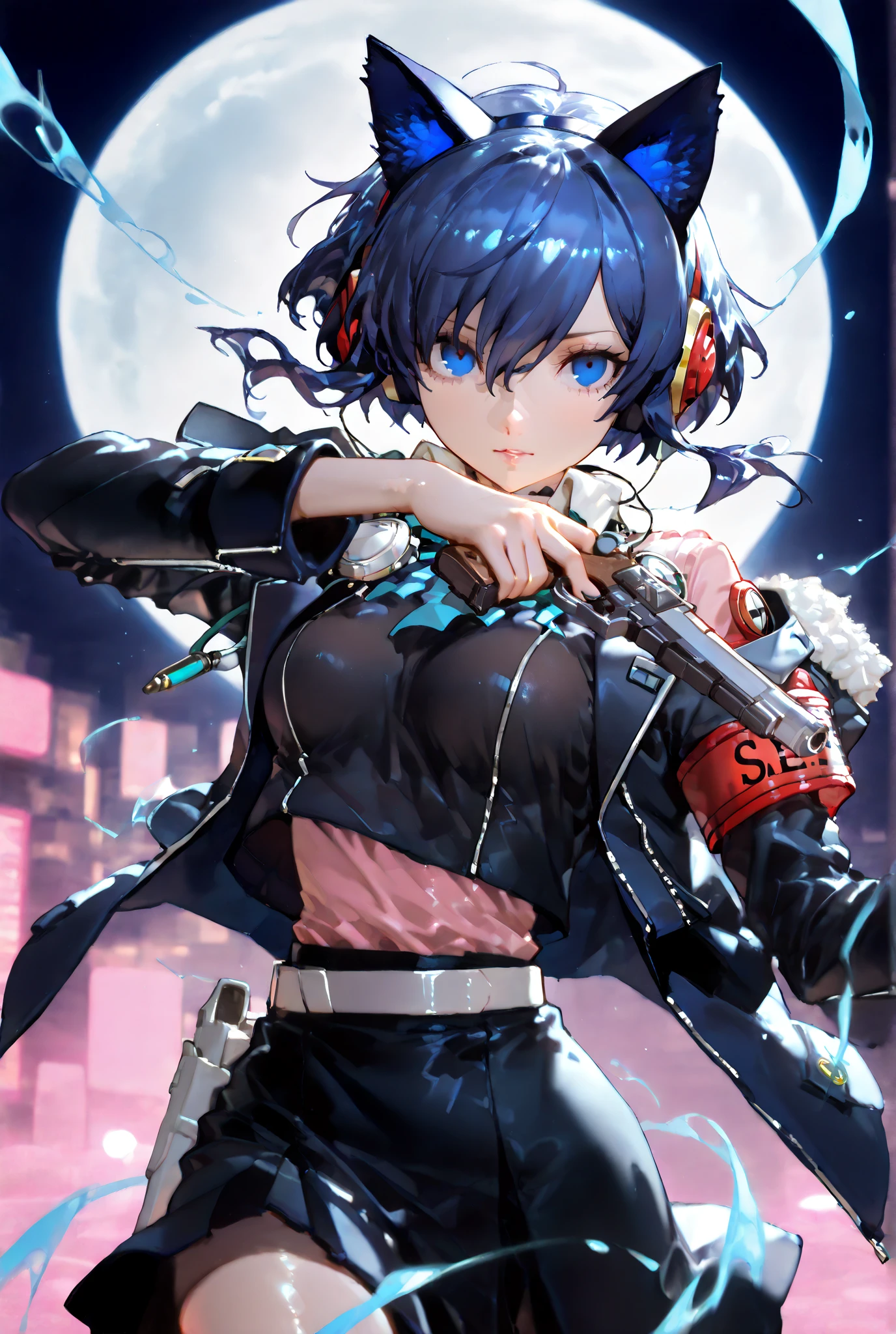 (best quality)),((highly detailed)),masterpiece,absurdres,detailed face,beautiful face,(detailed eyes, deep eyes),1girl,((dynamic pose)), A young woman with short dark blue hair , wears a dark jacket and a short, It has blue cat ears with a pastel pink interior, background detailed, wide open, blue eyes), (Persona 3 dungeon, handgun, invoking entity), (motion lines), (dramatic angle),(blue design, blue lights) ,(full moon), shiny, shiny_skin