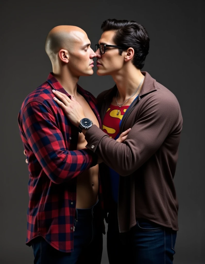 Lex is bald man wearing an unbuttoned red denim shirt stand by superman. Lex kiss superman.They kiss passion to each other.

Superman ,noah beck face, muscular, wearing long sleeves unbuttoned plaid shirt ,  reveals the S sign of a blue Superman suit below, wear black thick frame glasses with a watch, upper body, arms crossed. in camera studio with 3 flash, soft lighting