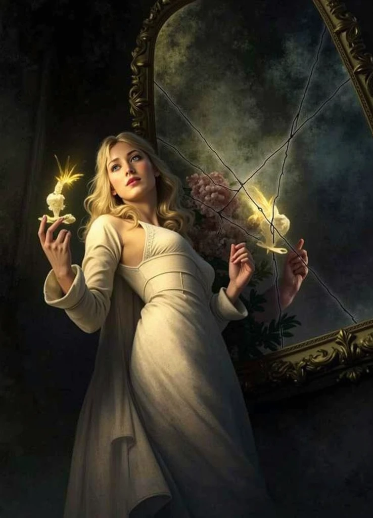 (ghost, spitits), Emma Watson, medium shot, (palms pressed against canvas) ghostly body, ghostly clothes, (detailed clothes), ghost in background, spirit energy, trapped in a haunted oil painting, hyperrealism, ghostly, trapped, (panicking, screaming), peter mohrbacher, pierre terblanche, trending on artstation