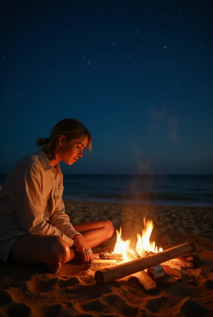 Milly Alcock,blonde hair,sitting next to a campfire under a starry sky,in the night,on a tropical beach,potrait