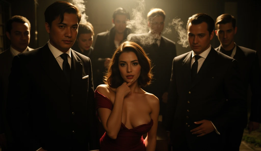 
1940s、A ruthless and terrifying business criminal woman、Formal gentleman gangster wearing suit leaning on desk、She poses for the women in the room.。Her beauty is known、Hall of criminals々The charm and alluring invitation、It is shown against enemies in close combat positions.。