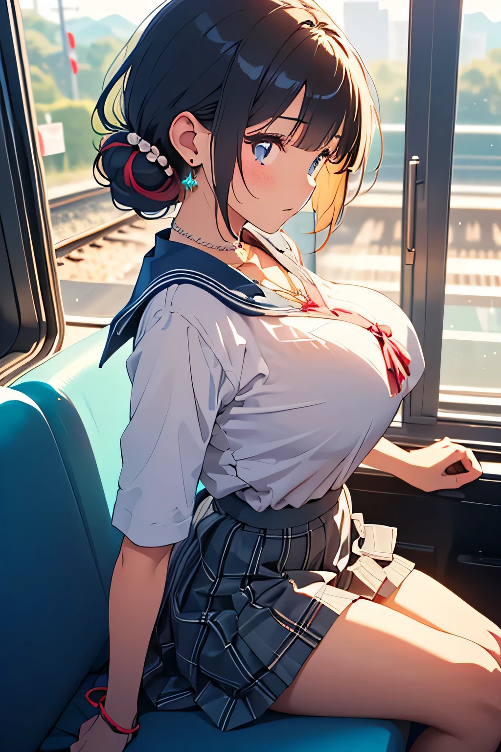 Score_9, score_8_up, score_7_up, score_6_up, score_5_up, score_4_up, source_anime, cute girl, detailed eye, sailor uniform, sleeveless, ponytail, sagging gigantic huge biggest breasts, huge dark areolae, areola slip, dark nipple, hairy stomach hair, hairy armpit hair, Japanese, cute Japanese, midriff-baring, sweating, heart mark words, in train, hentai atmosphere, wide hip, tanned skin, cum shot, blushing smile, handjob, penis, hand down, 