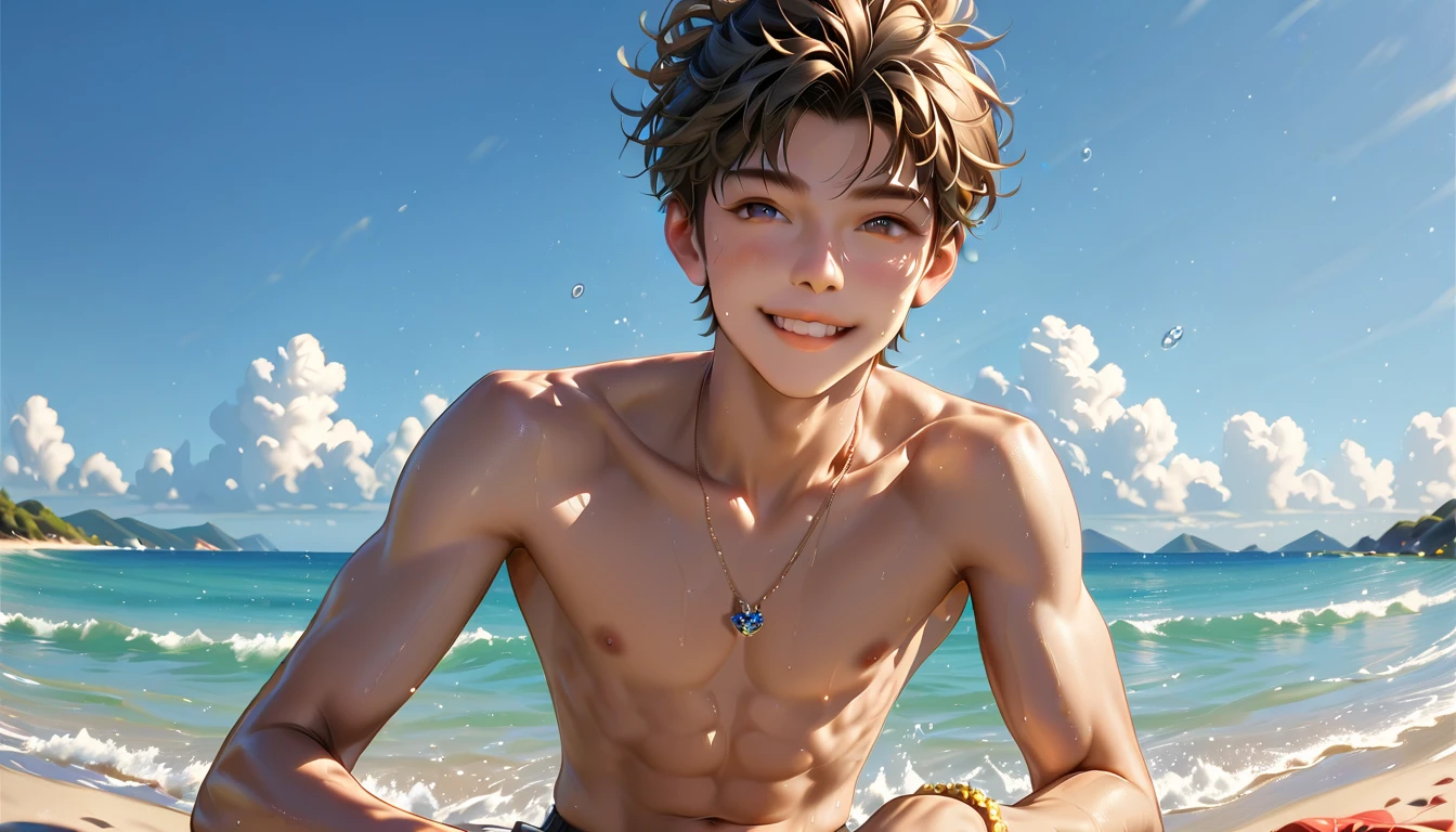 a panoramic picture of the full body of a sporty chinese boy is at the beach side completely naked, skinny body and slim great abs, completely hairless, slim, aged 20 old , looking shy but happy, fancy hairstyle, great visual detail and vivid romantic colors, cute face, slim legs. Sweet face expression while he is showing his penis, he is lying horizontally near the sea water, at the romantic sunset light with cloudy dark sky