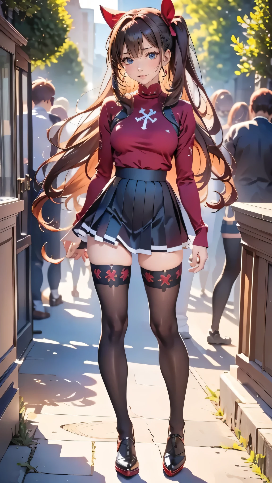 rin tohsaka, masterpiece, 8k, high quality, full body, small medium thighs, slim waist, sexy well-defined body, rin, blue eyes, brown hair, long hair, two sides up, parted bangs, hair ribbon black, red sweater, turtleneck, long sleeves, cross pattern, black skirt, pleated skirt, miniskirt, black tights, full body