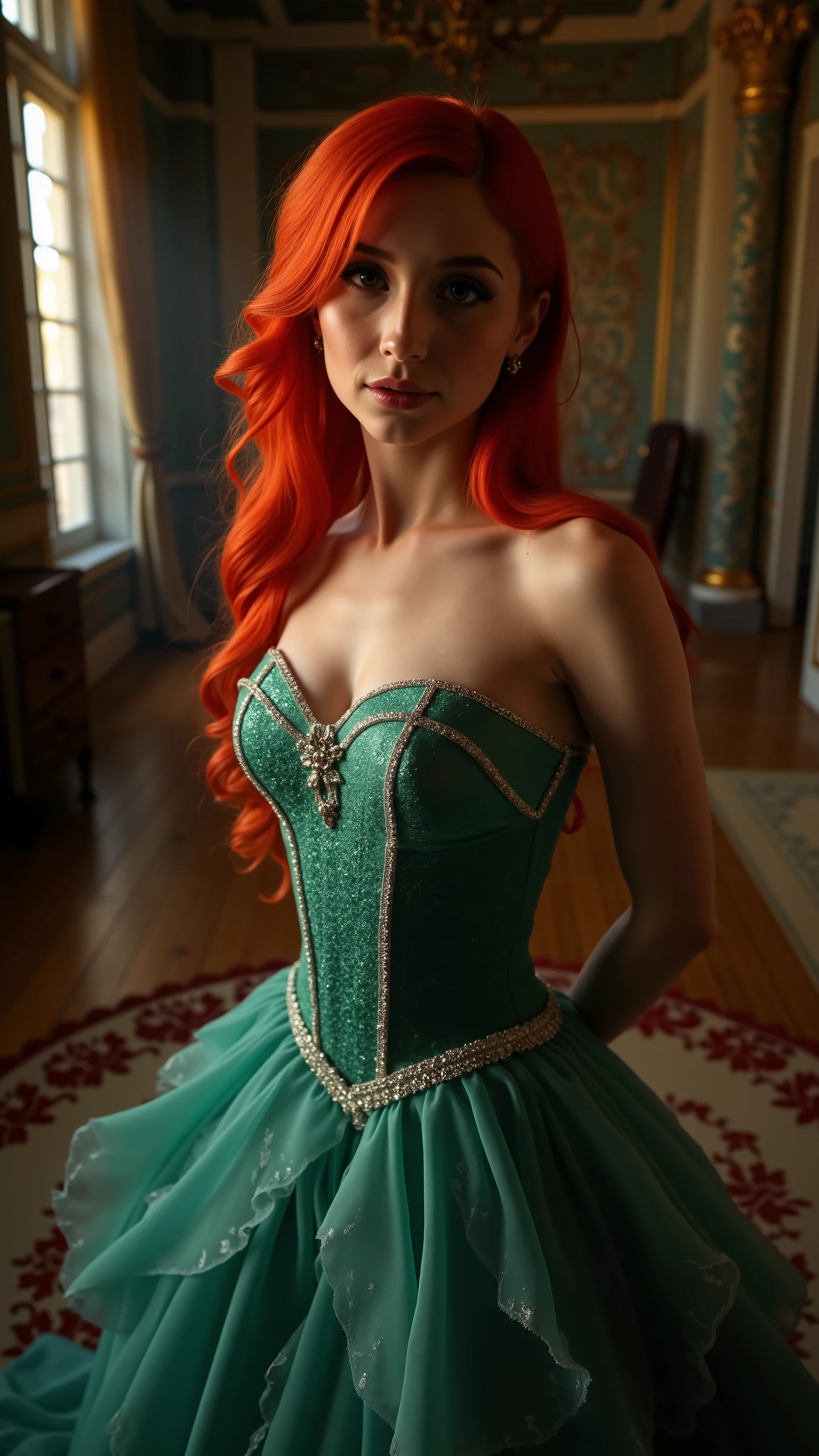 Very Close-up high angle portrait of a demure figure, a teen  in a ariel costume, ornate ball gown, ((18 years old with tiny breasts; Disney princess Ariel costume; glued to the body; beautiful and elegant; tiny breasts; red hair swept to the side))) and piercing gaze, standing in a dimly lit palace room with ornate designs and a high ceiling, with just a hint of early morning sunlight peeking through the windows. She stands firm, hands clasped behind her back, as she gives a slight  smile. The lighting in the room is dim with a lot focus on her tiny breasts