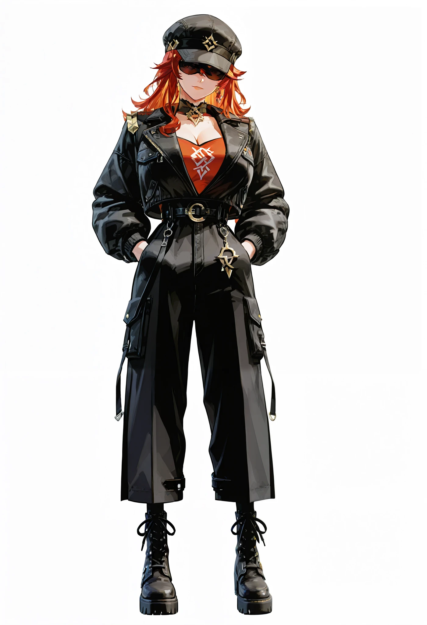The clothing presents an urban and contemporary style , predominantly in shades of black .
1. **Top**: The person is wearing a dark and padded coat , that give a robust look . underneath, there is a high-neck blouse , also black, that fits well to the body, creating a sleek effect .
2. ** Accessories **: The person wears a mask that covers partially the face , maintaining the mystery and a touch of style . A black cap is positioned with the flap forward , complementing the look.
3. **Bottom**: The pants are wide and utilitarian , with several pockets and belts that add a functional character . The visible straps and buckles give an industrial and modern look to the look.
4. **footwear**: The boots are tall and black , with sturdy sole , that not only complete the design , but also offer comfort and style .
in general, the clothing reflects a streetwear aesthetic , blending practicality with a daring and modern attitude .