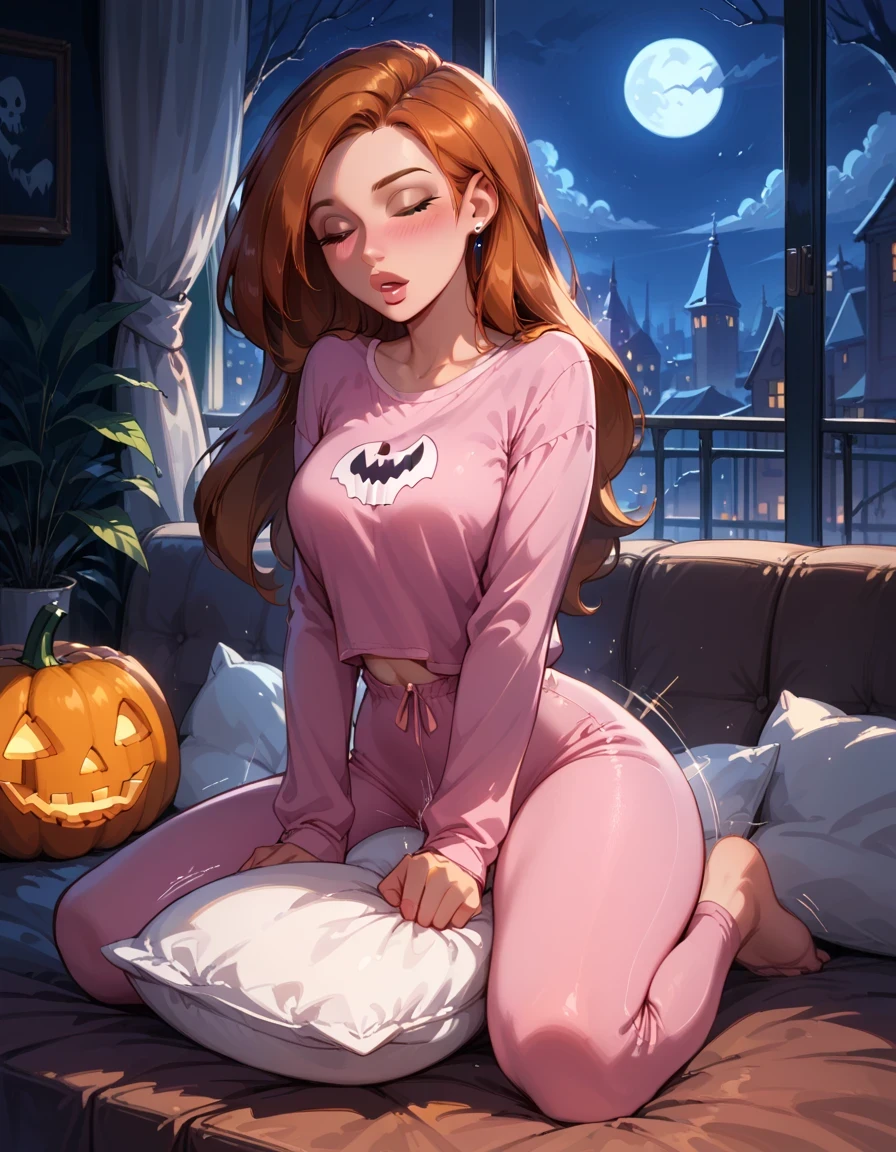 score_9,score_8_up,score_7_up, rating_safe, 1girl, solo, very sexy (kim possible:1.2), clothed, wearing sexy pink pajamas, flirt, gaze, sexy look, blush, look of pleasure on her face, eyes closed, head tilt, filled lips, thick lips, kneeling on the couch, in the living room, beautiful modern apartment, city living, (humping her pillow, crotch rub, grinding back and forth, motion lines, arching her back:1.3), (Halloween theme:1.3), (night, dark:1.5), (full body in view:1.2), dimly lit, expressiveh d4rk01l, perfect hands, perfect proportions.