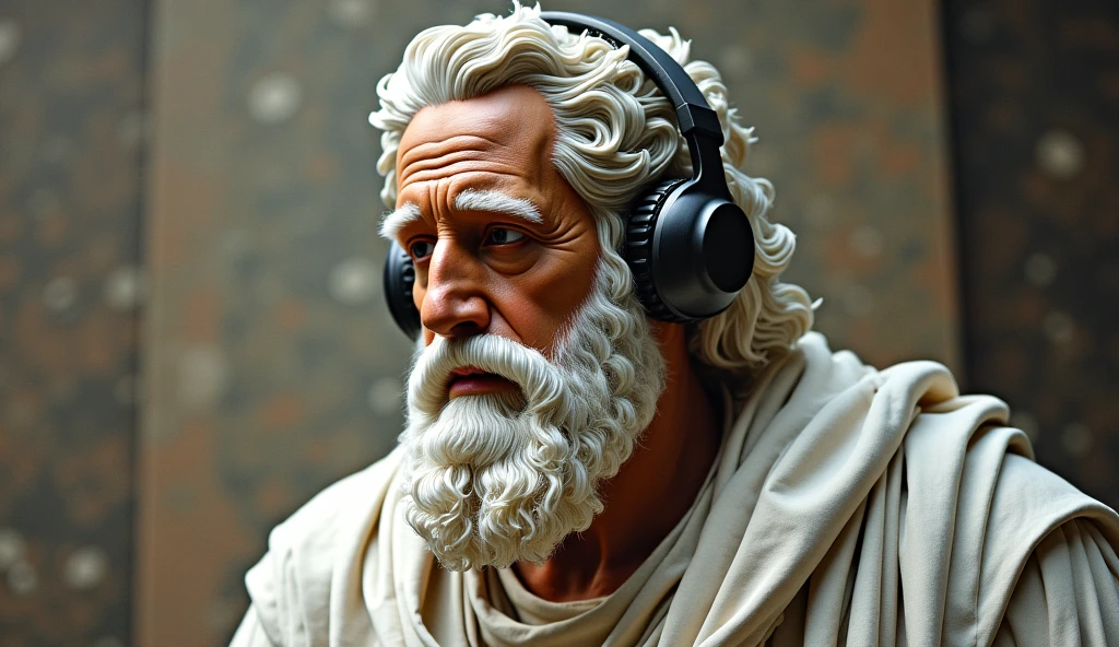  A stoic Greek man made of gray stone with cracks representing modern DJ. The figure must be in a dynamic pose, with one hand adjusting the headphones and the other on the soundboard. The sculpture must have the following characteristics:Headphones: Large and modern, detailed carved from marble.Sound Desk: A toned body with the head lowered, a thick fog around, a red beam in the sky illuminates the fog. In the background there are black mystical mountains, bright colors, high contrast of tones, dark atmosphere, seen from above.Mix of modern technology with classical Greek elements, including buttons and sliders.Golden Chain: A robust and very detailed hanging around the neck. Transparent Glasses Glasses with a translucent appearance, sculpted to look like glass.Rasta Hair: Dreadlocks falling forward, partially covering the face, but without hiding important details. Sculpture Style: Ideal proportions and well-defined muscles, following the classic Greek style. Traditional Greek clothing adapted to the modern look of a DJ.Base and Context:The base of the sculpture must combine classical elements, such as Greek columns and friezes, with symbols of Image Quality Resolution: 4K to 8K