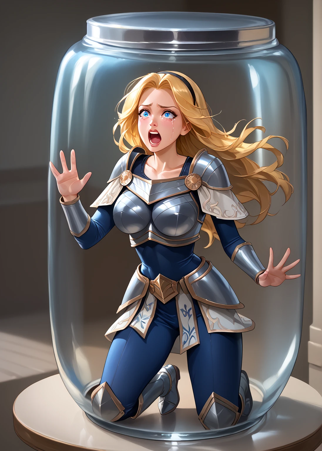 score_9, score_8_up, score_7_up, score_6_up, 1girl, solo,LuxLoLXL, blue eyes, blonde hair, long hair, black hairband, big breasts, collarbone, shoulder armor, armor, blue bodysuit, breastplate, long sleeves, faulds, skirt, blue pants, armored boots,((big breasts)),screaming, open mouth, crying with eyes open, hands on glass,