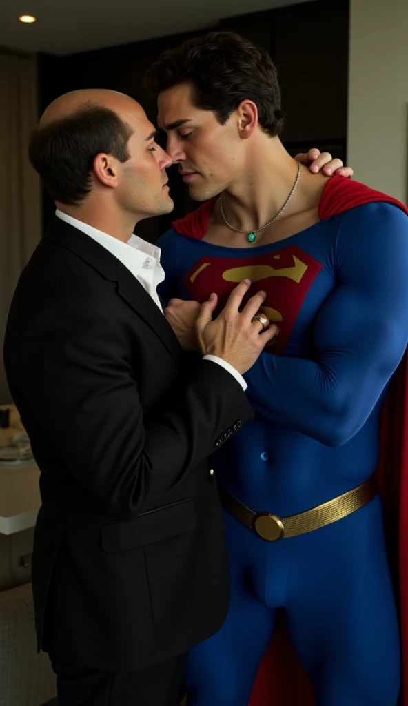 They kiss each oter. Superman can't refuse kiss.gay kiss.full body shot of a muscular attractive, noah beck good looking man with Short stubble, muscular thighs, dressed in a blue Superman costume. He has a pained expression, orgasm face, eyes closed, mouth slightly open. He is at home on sofa, a bright emerald green crystal pendant hanging from his neck. He appears weak and in pain, with his eyes closed. Behind nick bosa stands Lex is bald man wearing black suits, touching Superman's chest with his hands. Lex kiss Superman.They kiss each other. Superman can't refuse passion kiss. Gay kiss