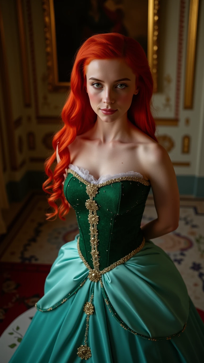 Very Close-up high angle portrait of a demure figure, a teen  in a ariel costume, ornate ball gown, ((18 years old with tiny breasts; Disney princess Ariel costume; glued to the body; beautiful and elegant; tiny breasts; red hair swept to the side))) and piercing gaze, standing in a dimly lit palace room with ornate designs and a high ceiling, with just a hint of early morning sunlight peeking through the windows. She stands firm, hands clasped behind her back, as she gives a slight  smile. The lighting in the room is dim with a lot focus on her tiny breasts