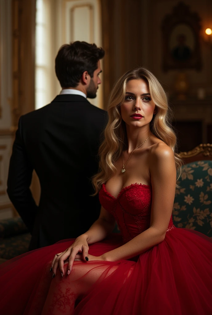 1 man,1woman, woman in long hair,blonde hair,purple eyes,red glamour dress, man in musculair, suit, trained, man sit on luxurious chair, woman standing on behind man, background luxurious room