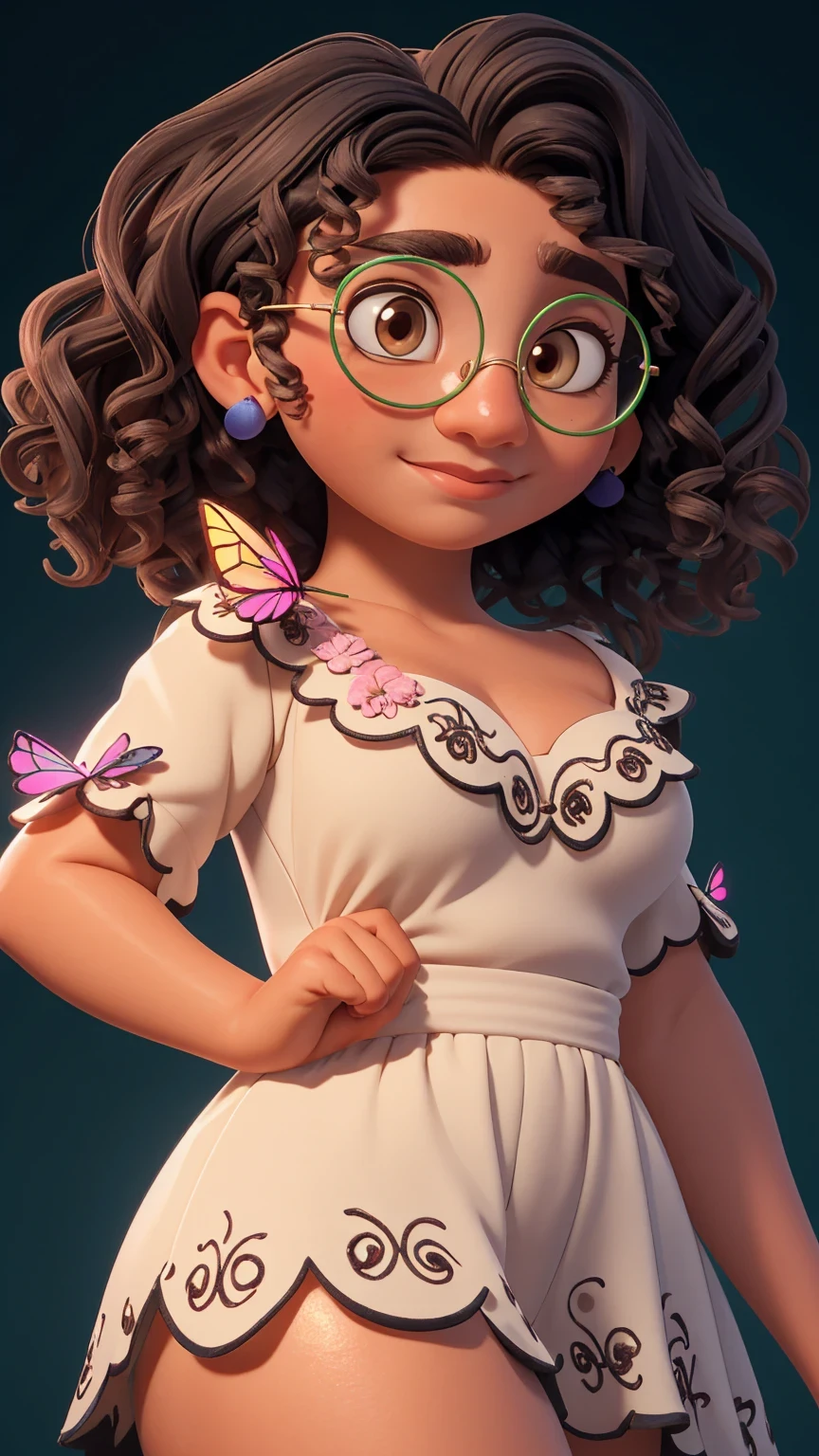 (best quality: 1.4), (glowing skin), body focus, (pretty face), (((best quality))), illustration, ((Pretty finger)), , Pretty body, Pretty character design, ,perfect lighting, colorful, Bright_Front_face_Lighting, ultra high resolution, high resolution, absurd: 1.2, bokeh: 1.2, lens flare, (vibrant color: 1.2), (Pretty, medium breasts: 1.6), (thick thighs: 1.3), THICK,
Curly hair, green glasses, brown eyes, light brown skin, naked, nude, purple and blue earrings, small nose, arched eyebrows, thin lips, slight smile, holding a butterfly