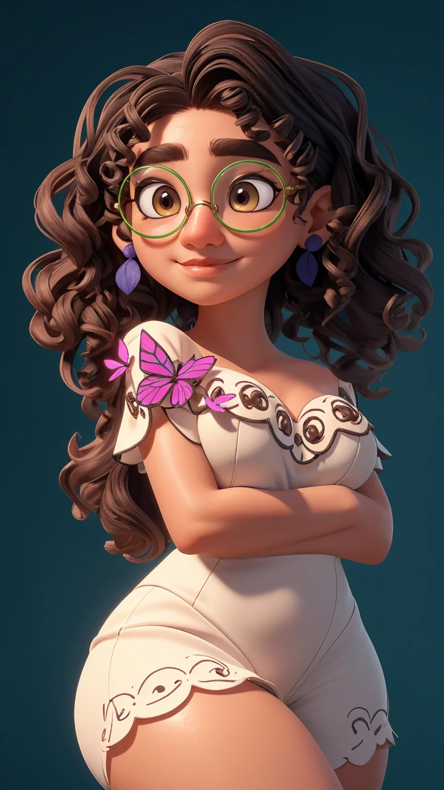 (best quality: 1.4), (glowing skin), body focus, (pretty face), (((best quality))), illustration, ((Pretty finger)), , Pretty body, Pretty character design, ,perfect lighting, colorful, Bright_Front_face_Lighting, ultra high resolution, high resolution, absurd: 1.2, bokeh: 1.2, lens flare, (vibrant color: 1.2), (Pretty, medium breasts: 1.6), (thick thighs: 1.3), THICK,
Curly hair, green glasses, brown eyes, light brown skin, naked, nude, purple and blue earrings, small nose, arched eyebrows, thin lips, slight smile, holding a butterfly